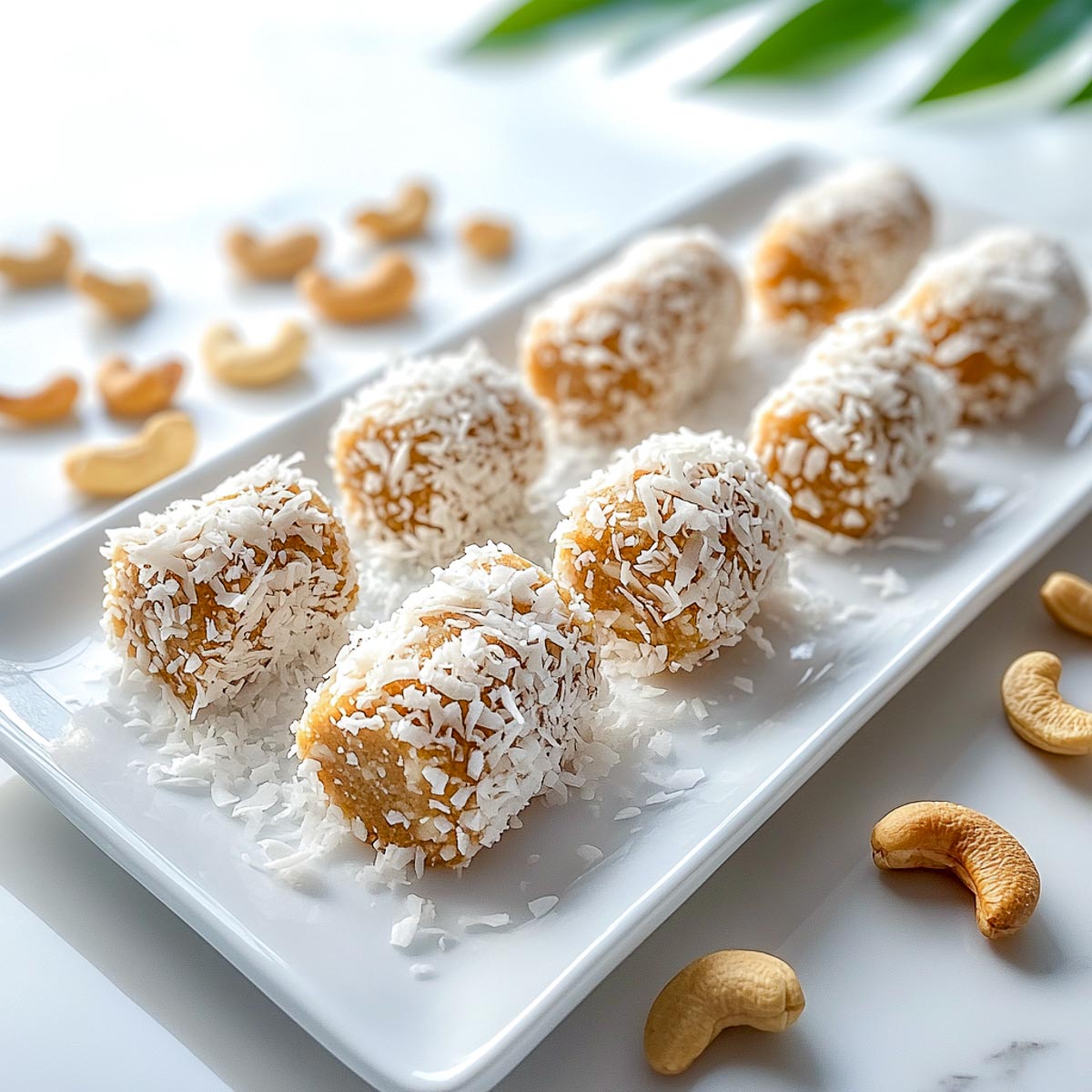 Coconut date rolls coated in shredded coconut, arranged on a rectangular white plate.