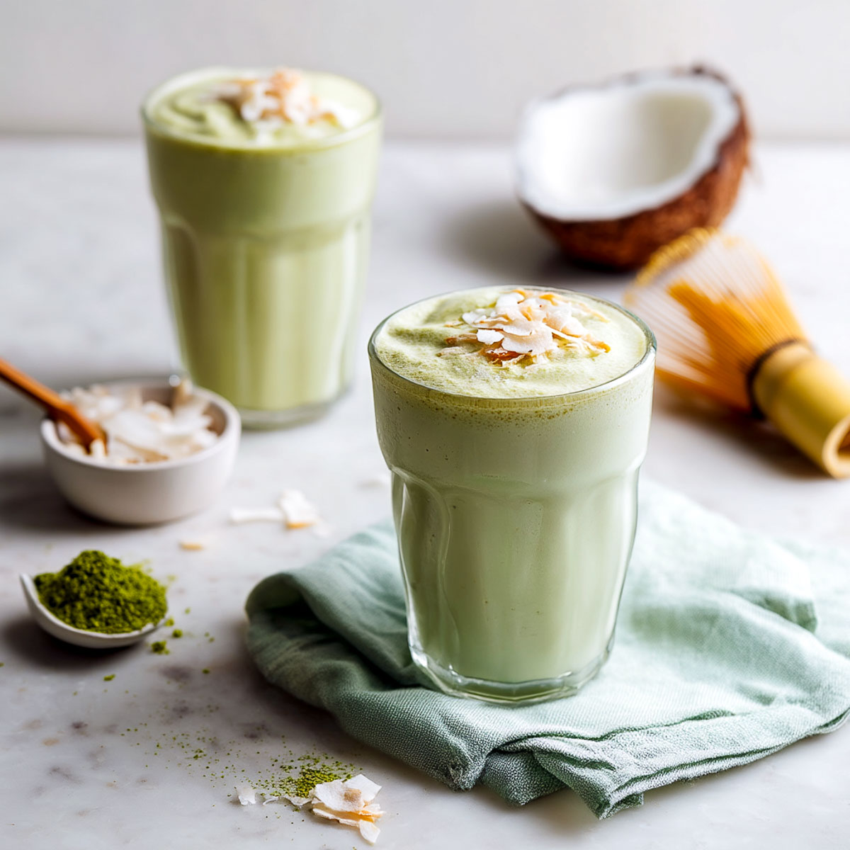 Creamy coconut matcha smoothie with coconut flakes and matcha on marble.
