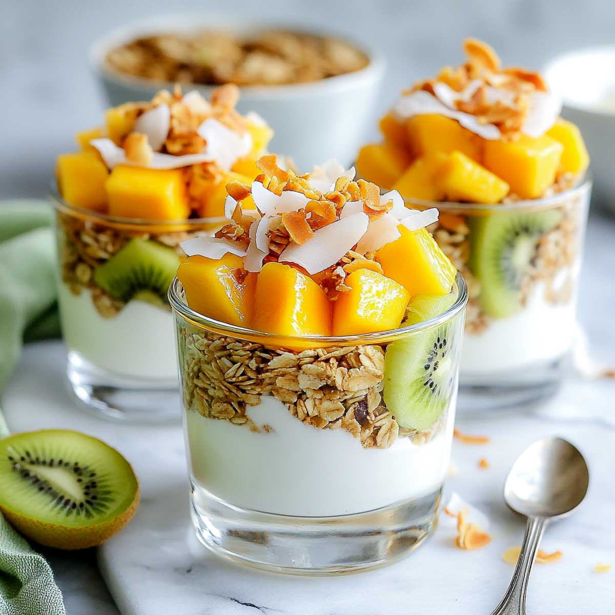 Side view of coconut yogurt parfaits topped with mango, kiwi, and granola.