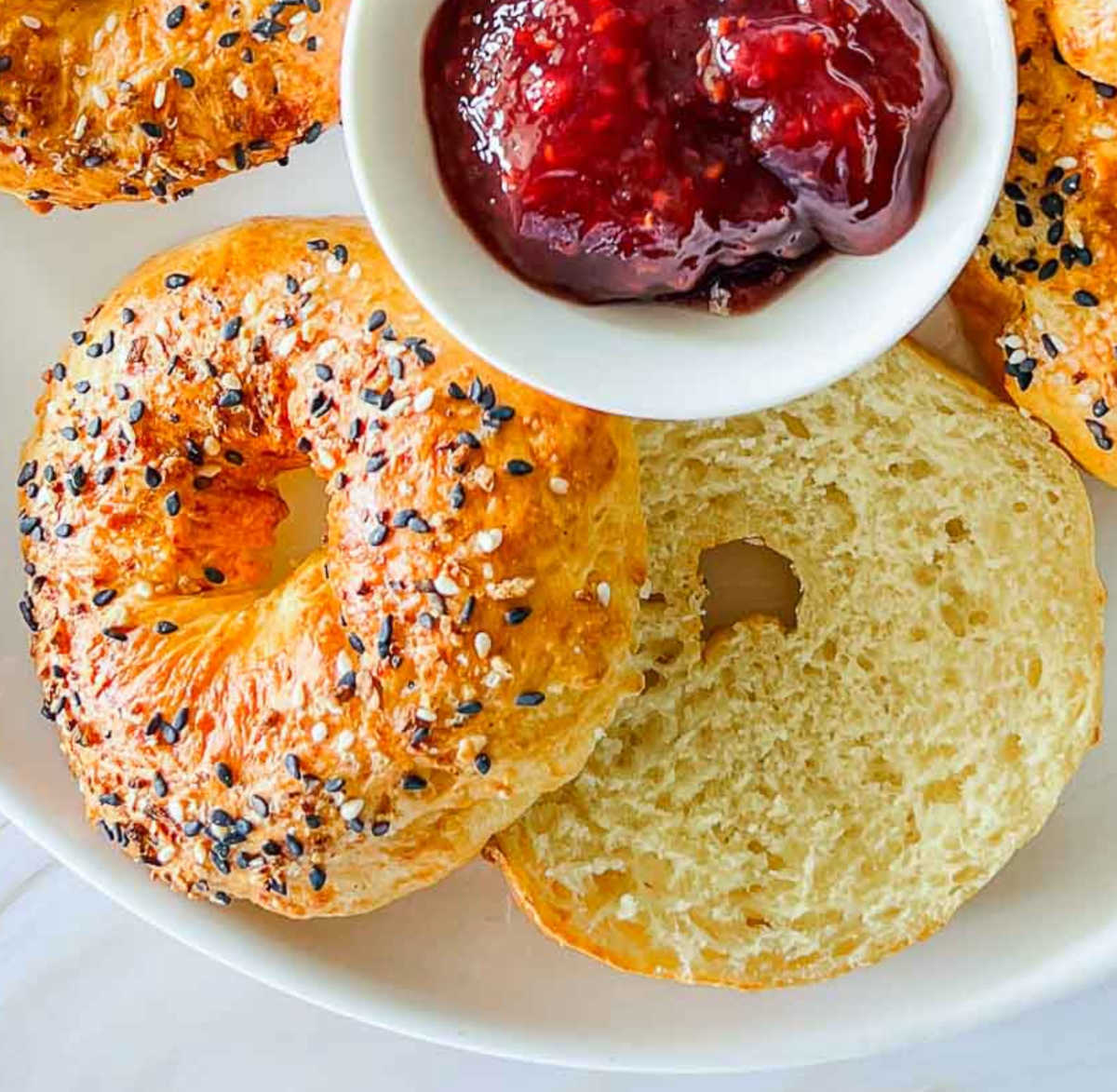 Perfect crumb of sliced cottage cheese bagels.