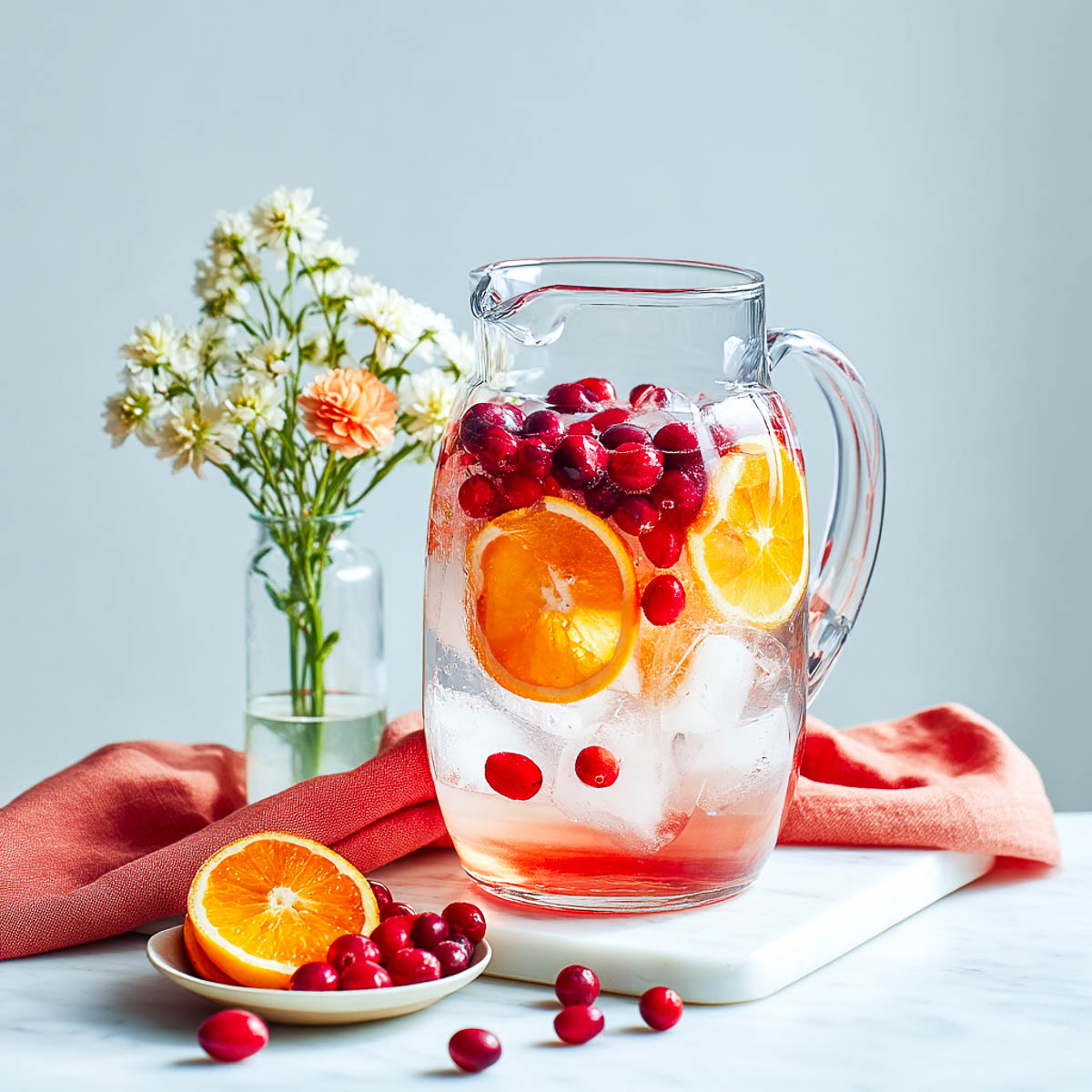 Glass pitcher with orange wheels and cranberries in water, flowers in background.