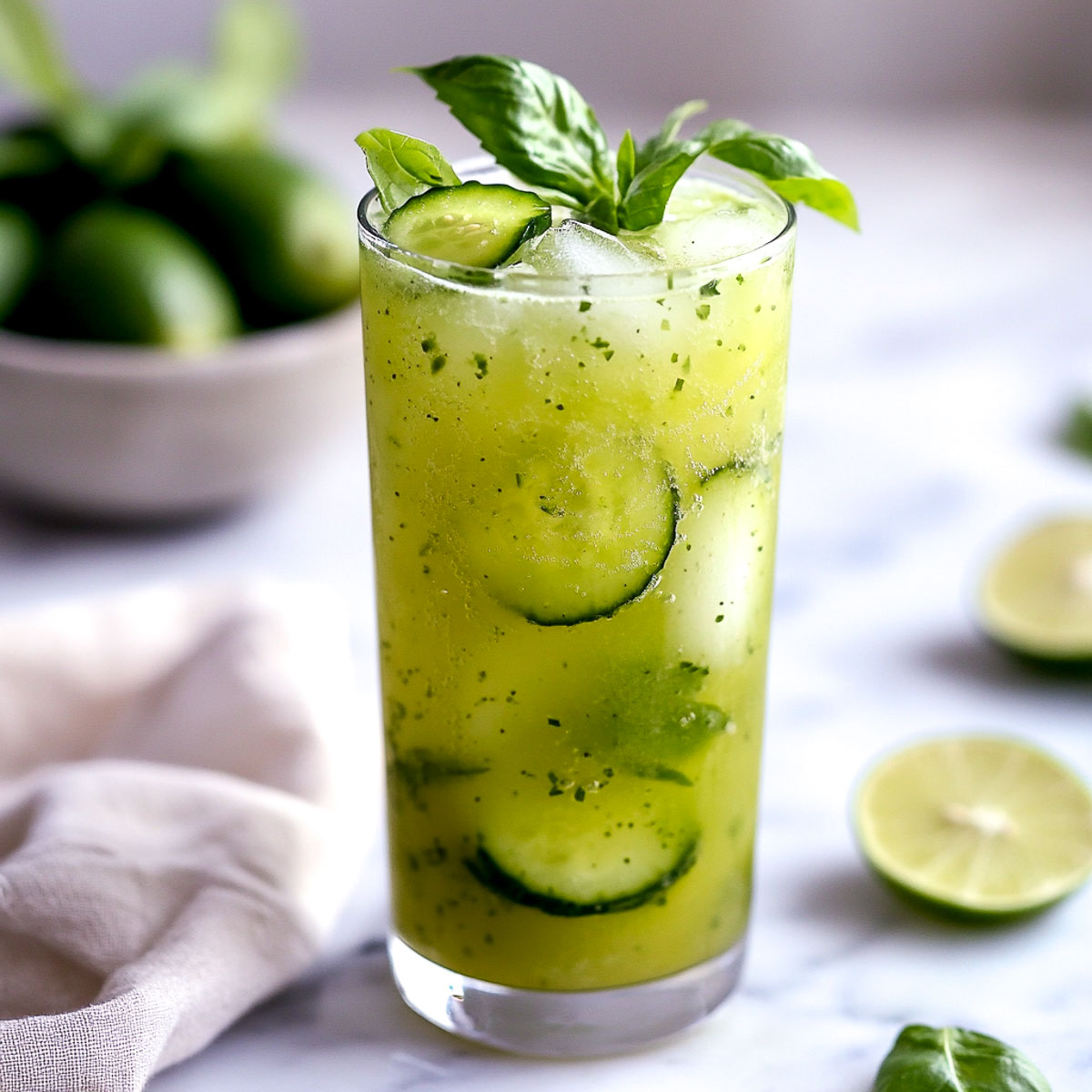 Cucumber basil limeade with muddled herbs and cucumber slices over ice.