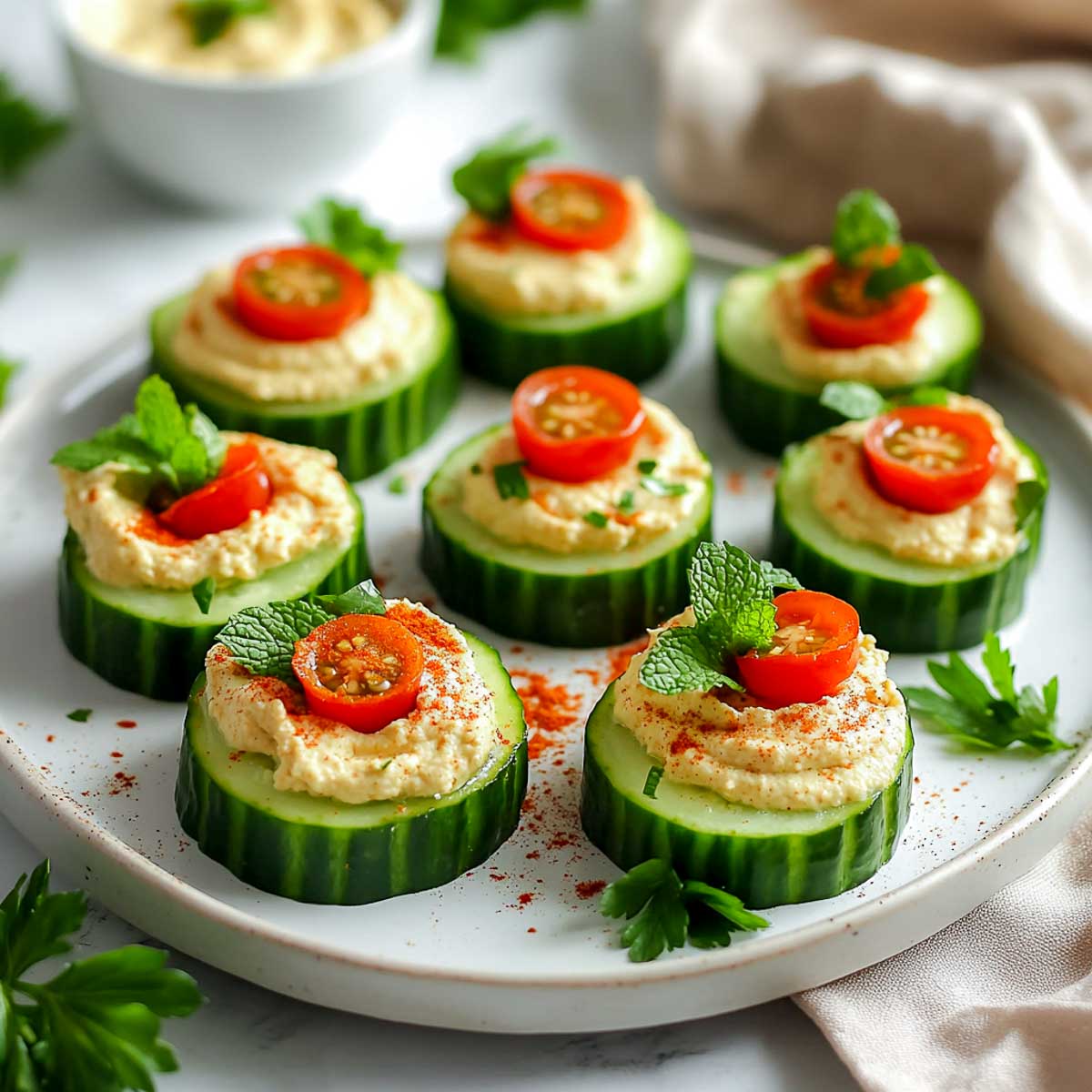 Cucumber hummus bites topped with cherry tomatoes, herbs, and paprika on ceramic plate.