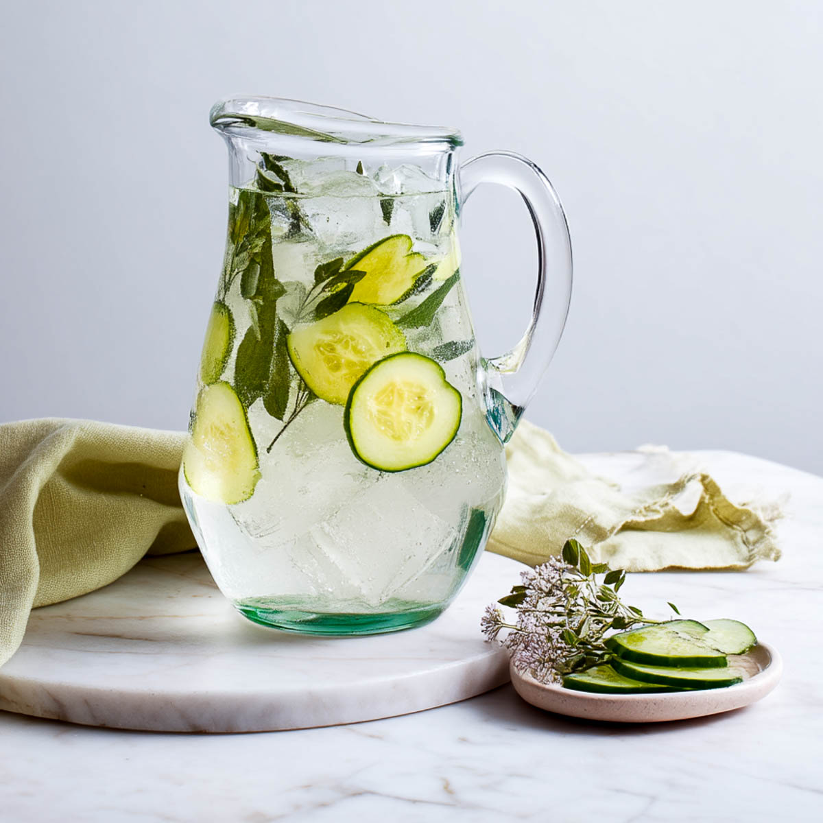 Pitcher of cucumber lemon verbena water with ice, dried herb leaves, cucumber slices, and a green napkin on white marble.