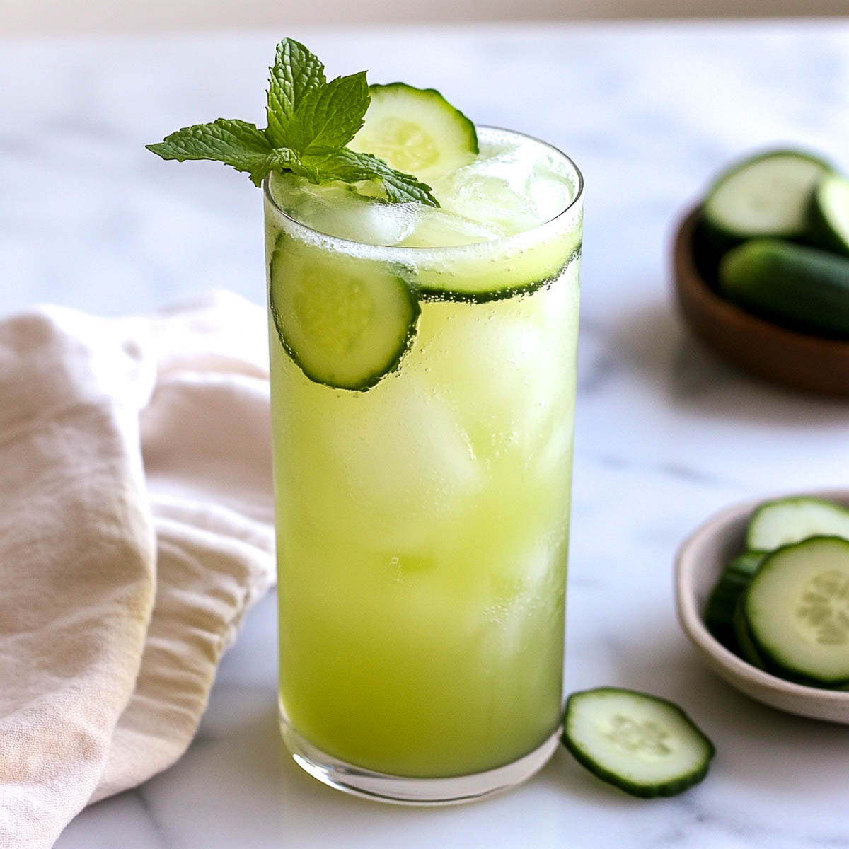 A tall glass of cucumber mint fizz topped with a few slices of cucumber.