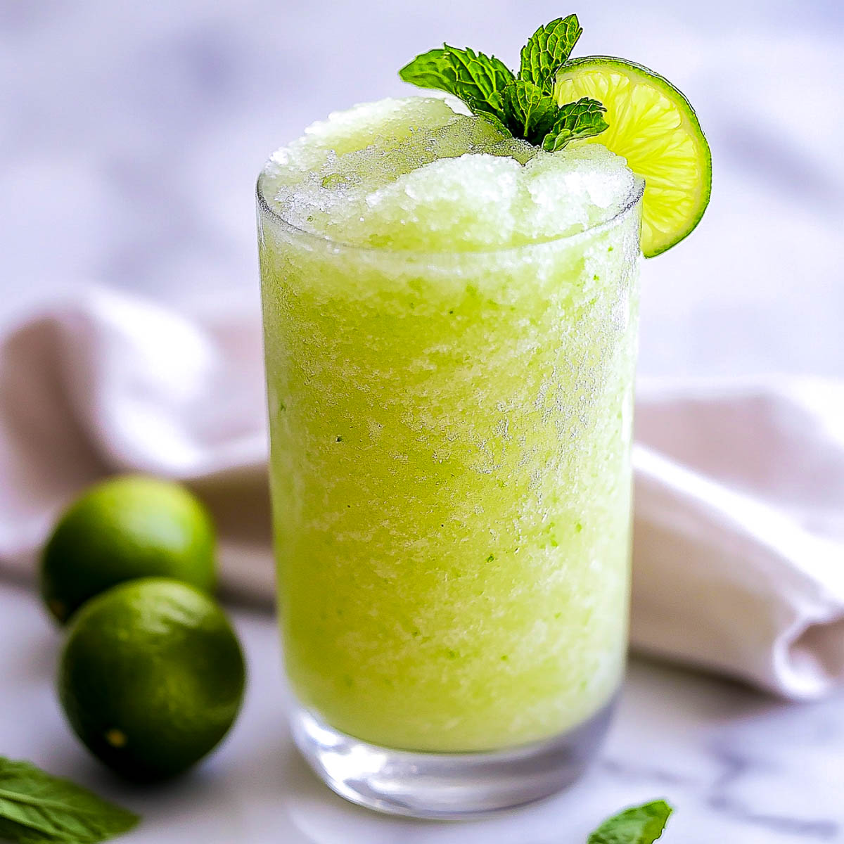 Frozen mint lime slushie with fresh mint and lime wheel in a clear glass.