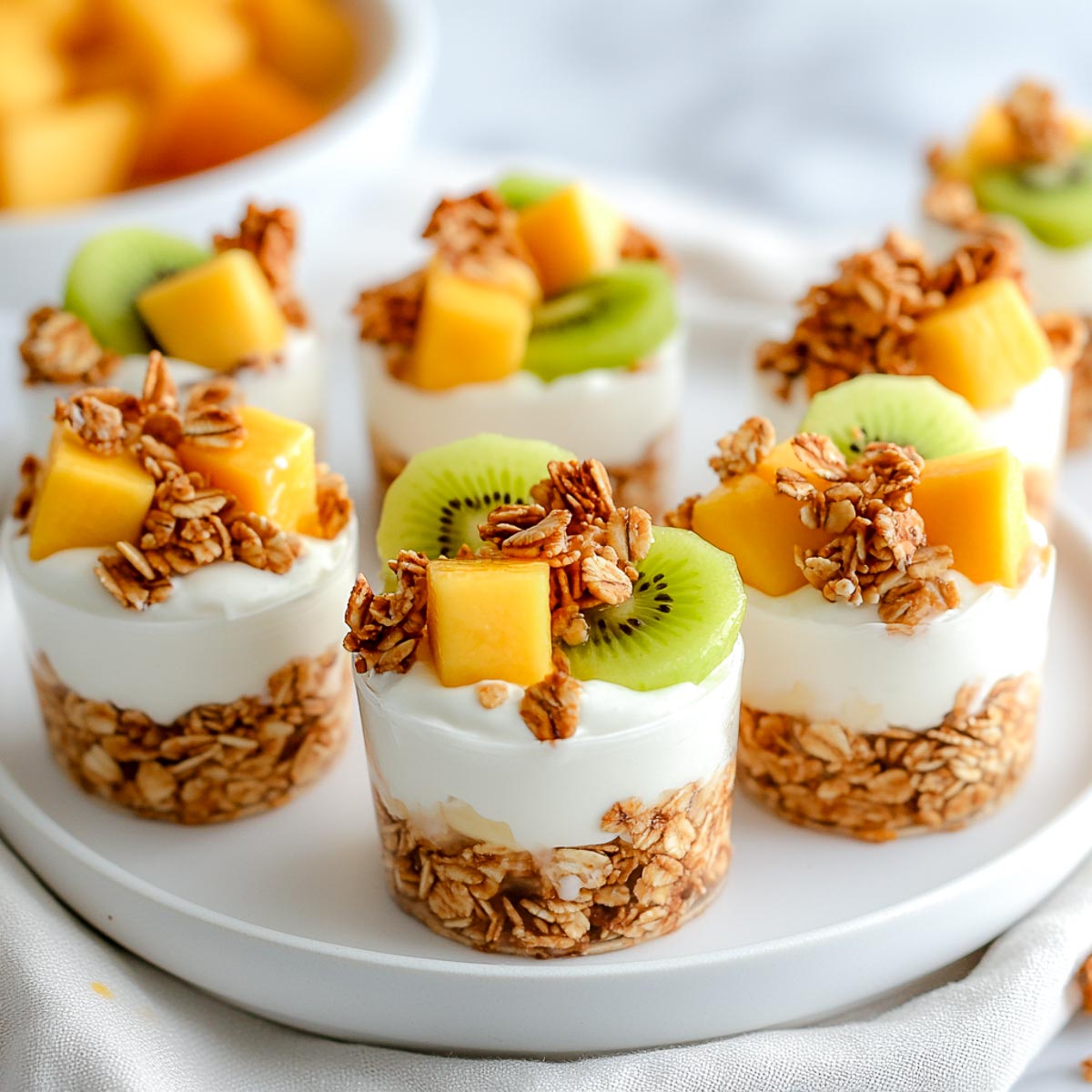 Frozen yogurt granola cups with kiwi and mango arranged on a ceramic plate