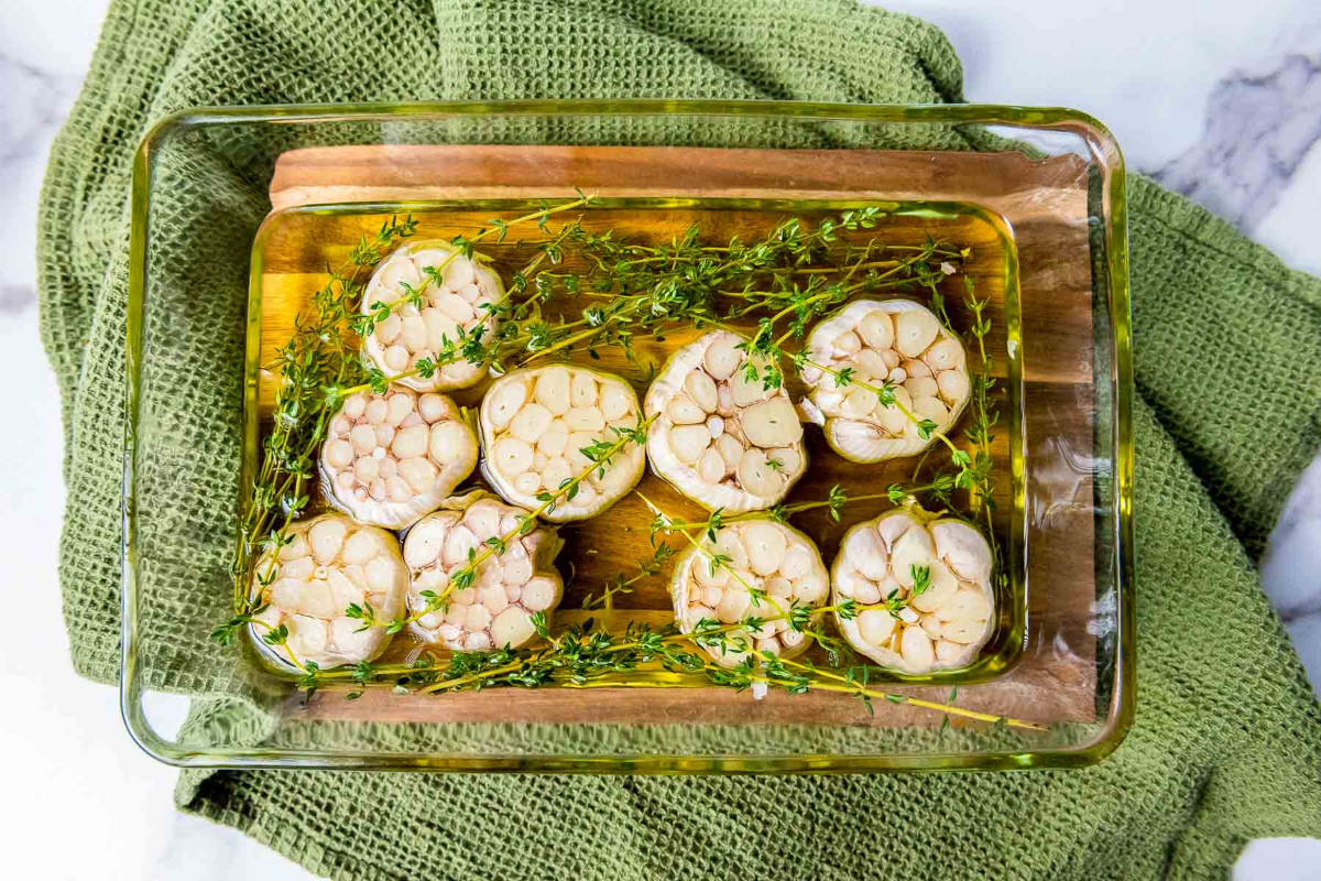 Ingredients prepped and placed in a baking dish.