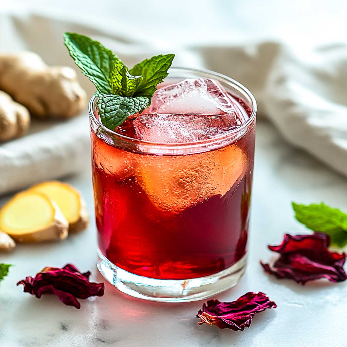 Ginger hibiscus sparkler garnished with mint leaves and placed on a white marble surface.
