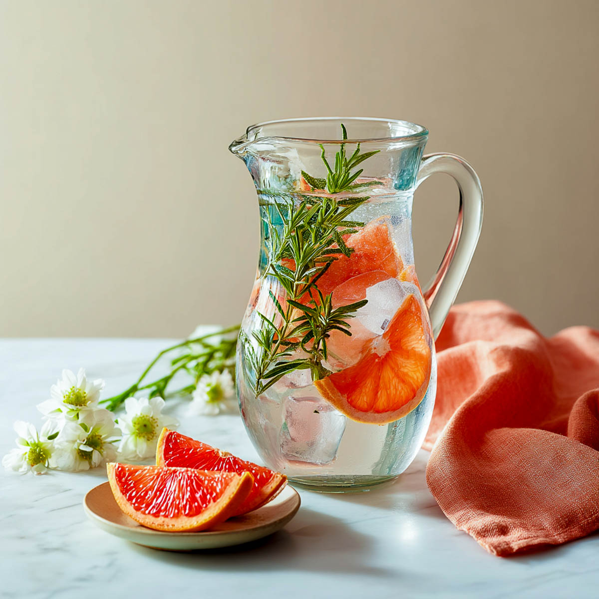 Pitcher of grapefruit rosemary water with ice cubes, coral napkin, white flowers, and grapefruit slices on marble surface.