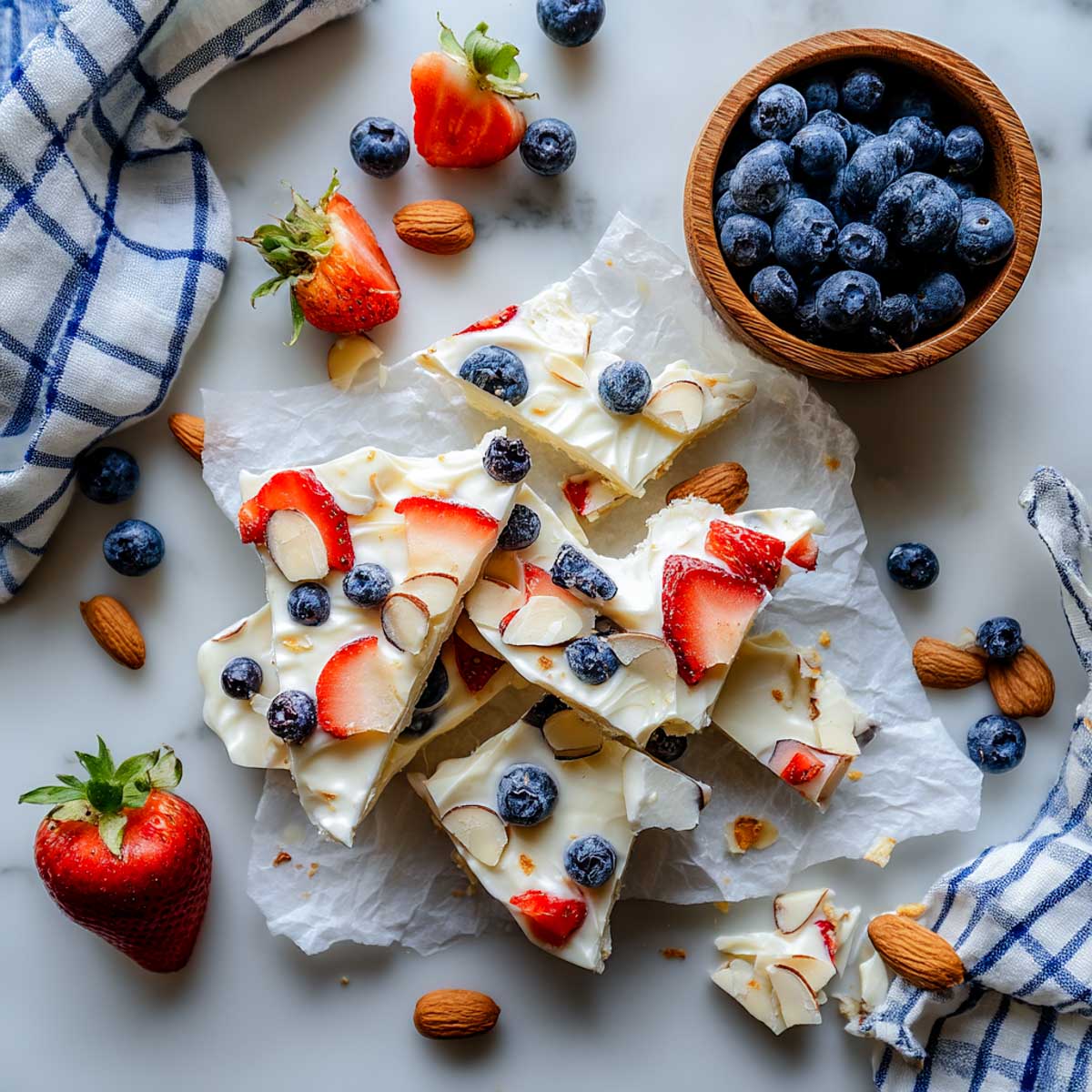 Greek yogurt fruit bars on a parchment paper placed on a marble surface.