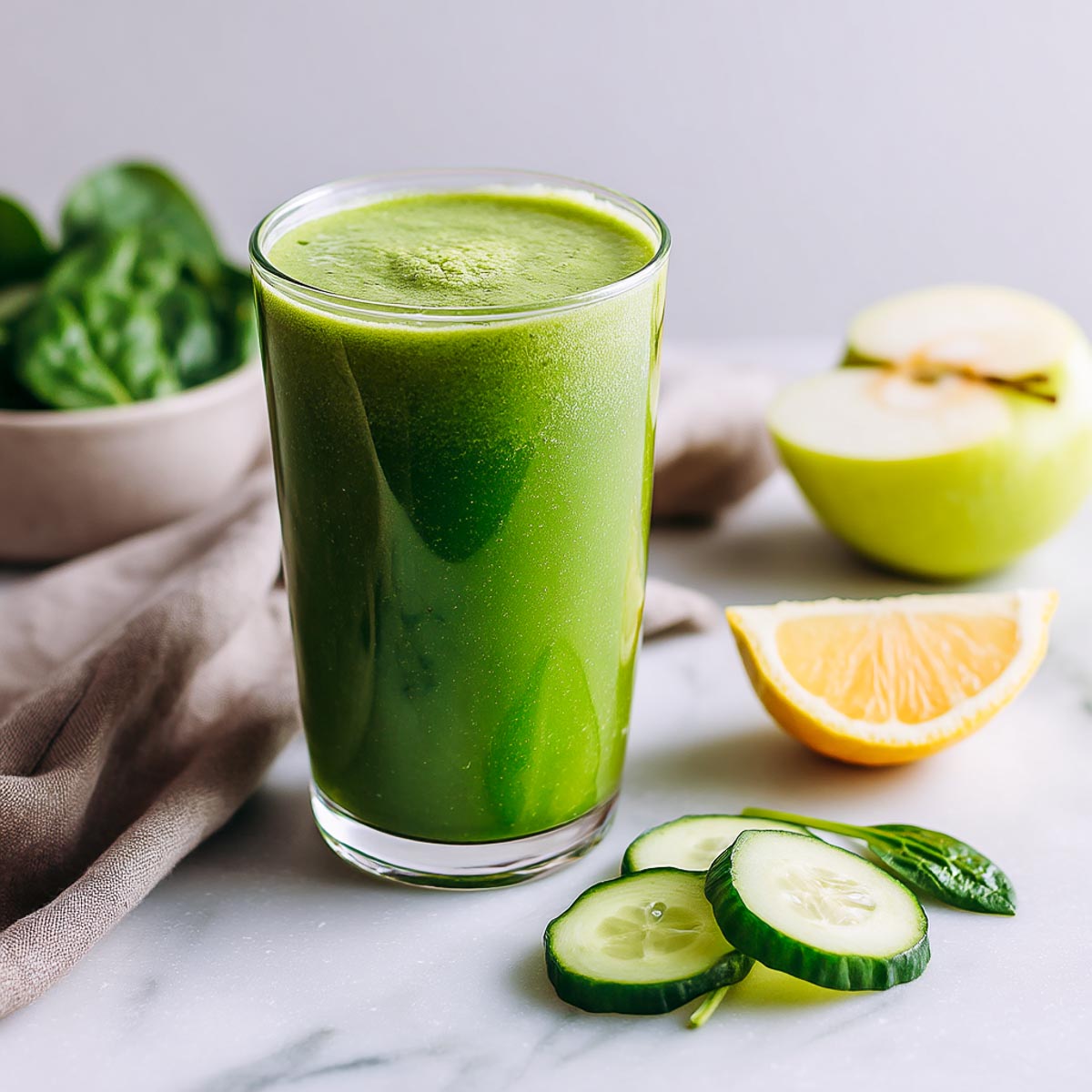 Green detox smoothie with cucumber, lemon, and apple on marble counter.