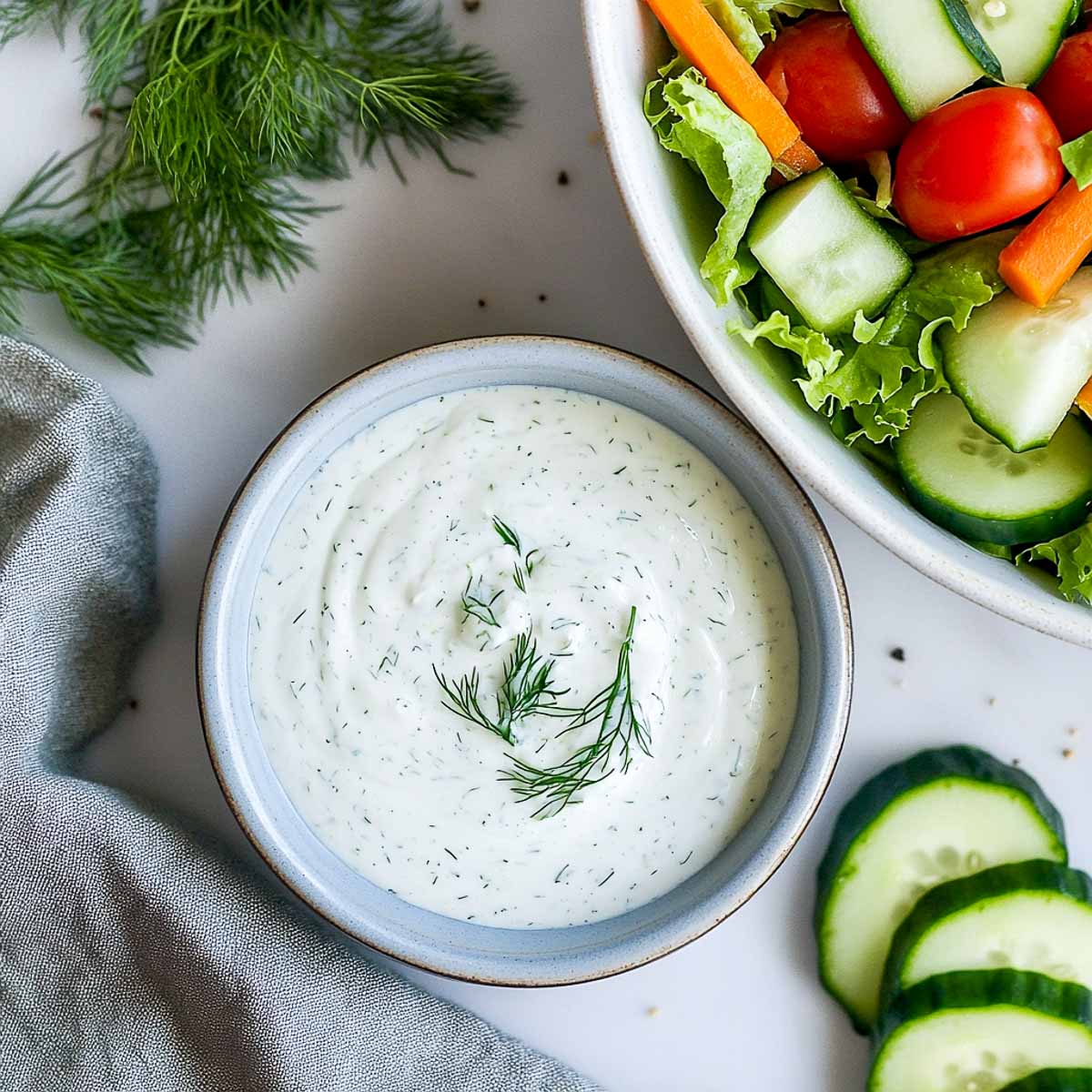 Small bowl of creamy Greek yogurt ranch dressing with fresh herbs.