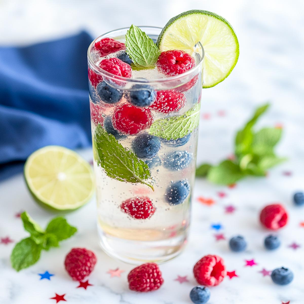 Non-alcoholic mojito on a white marble surface.