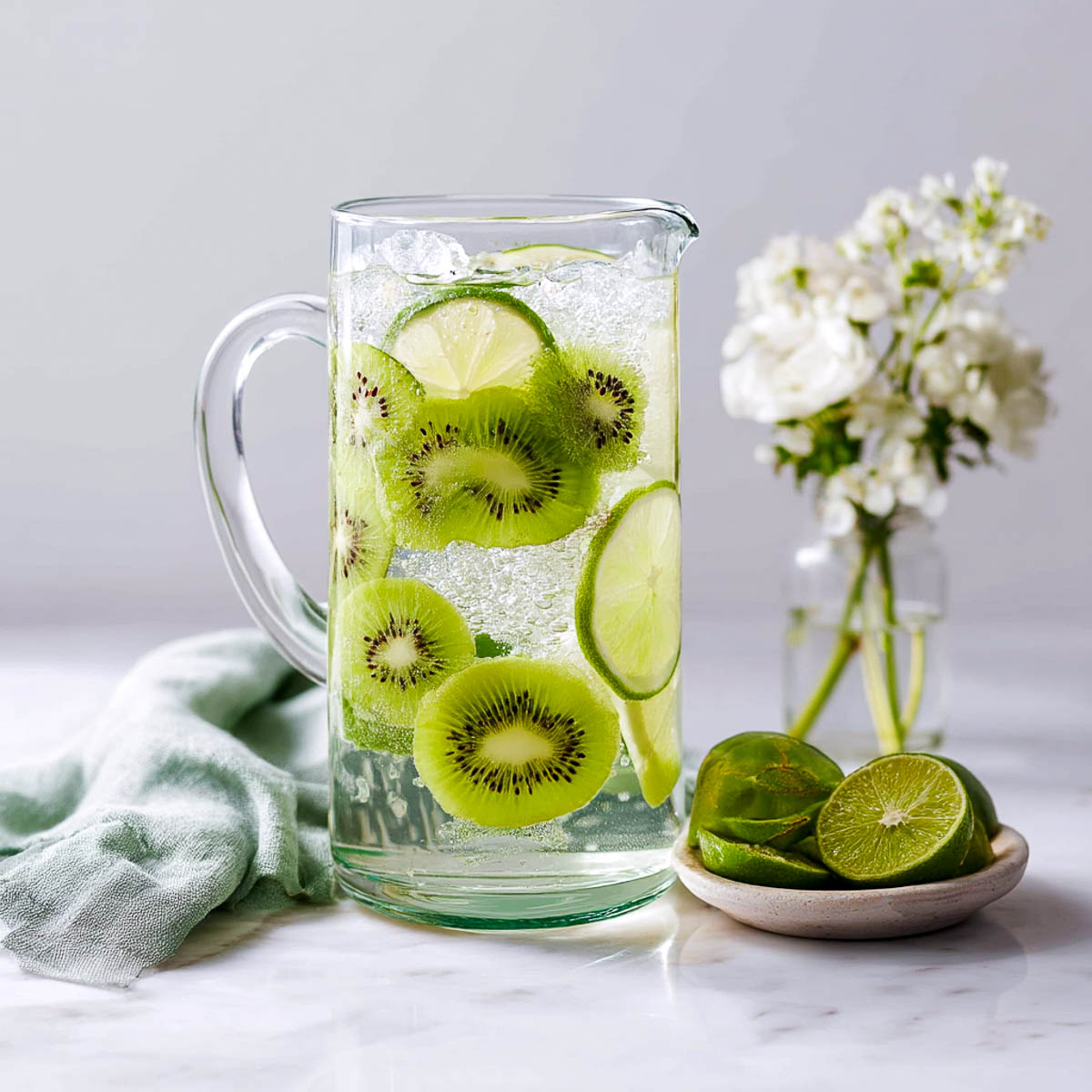 Glass pitcher with kiwi and lime slices in water, flowers and napkin nearby.