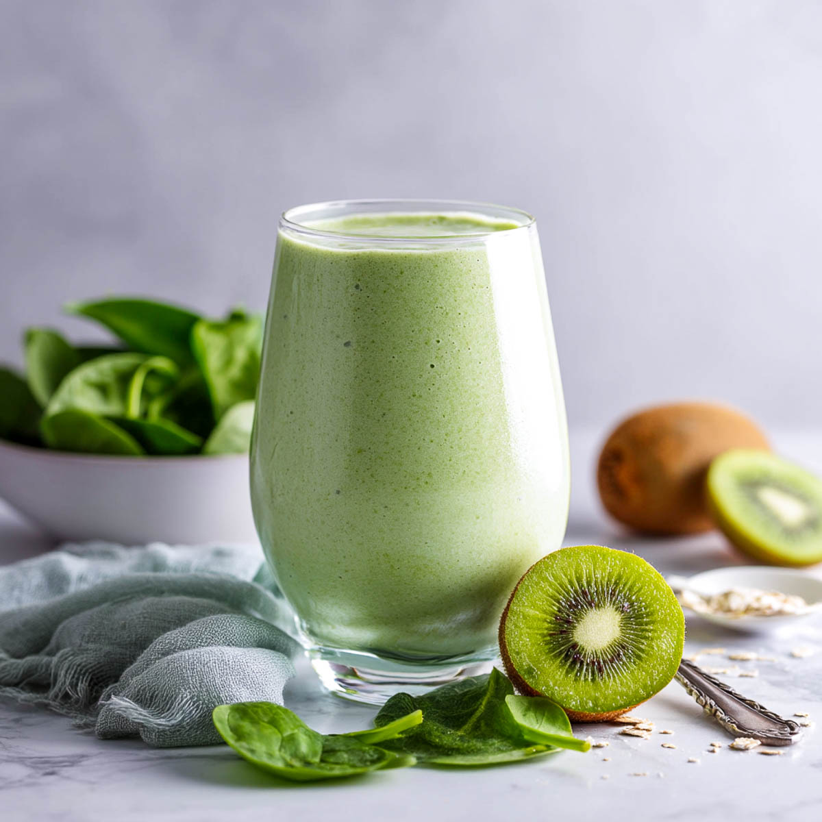 Kiwi spinach smoothie with oat flakes, kiwi halves, and leafy greens.