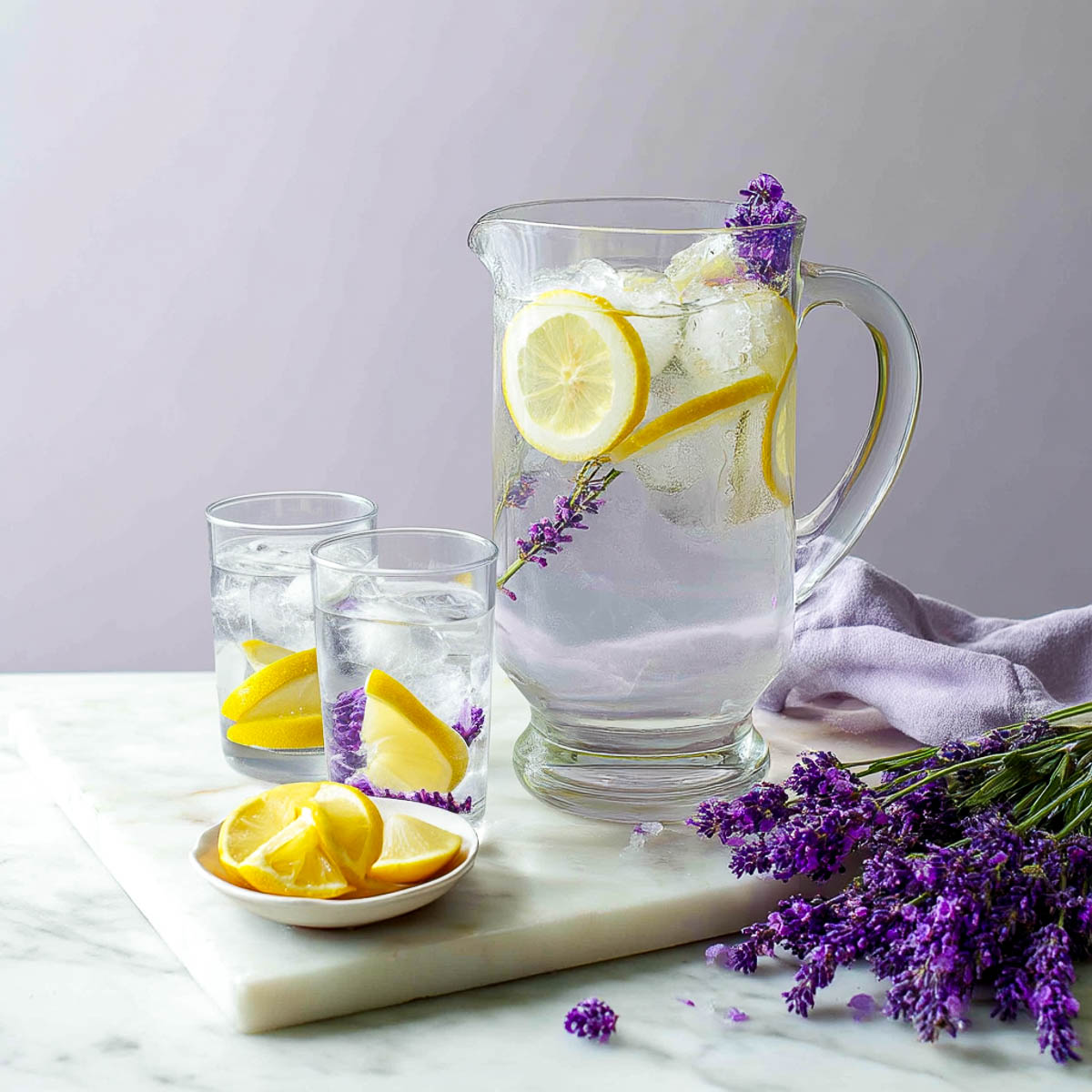 Pitcher of lemon lavender water with a soft purple tint, lemon slices, lavender sprigs, and two glasses, styled on a white marble counter with a lilac napkin and scattered fresh lavender flowers.