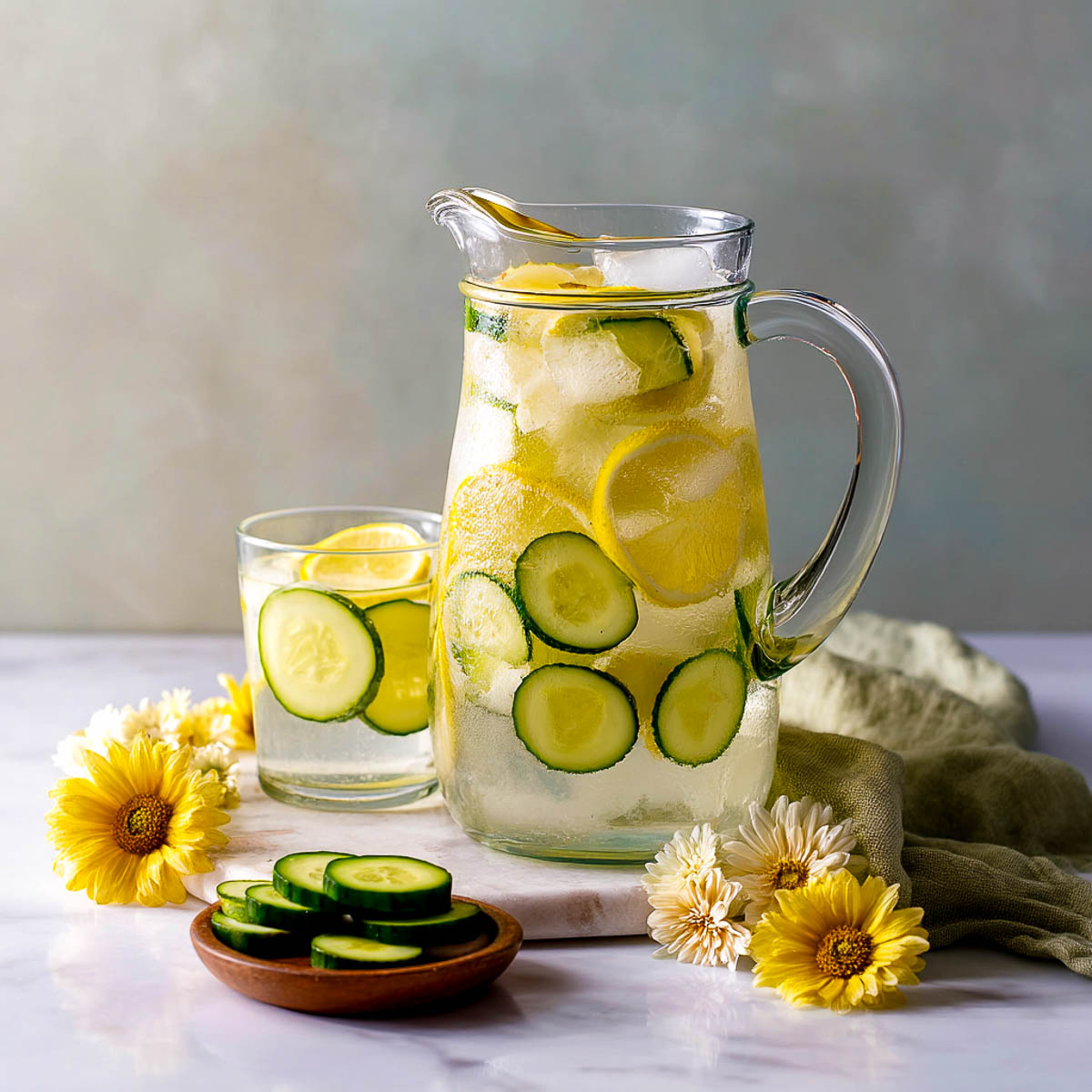 Pitcher of lemon cucumber water with ice and minimal garnish, yellow flowers and soft green napkin on a white marble surface.