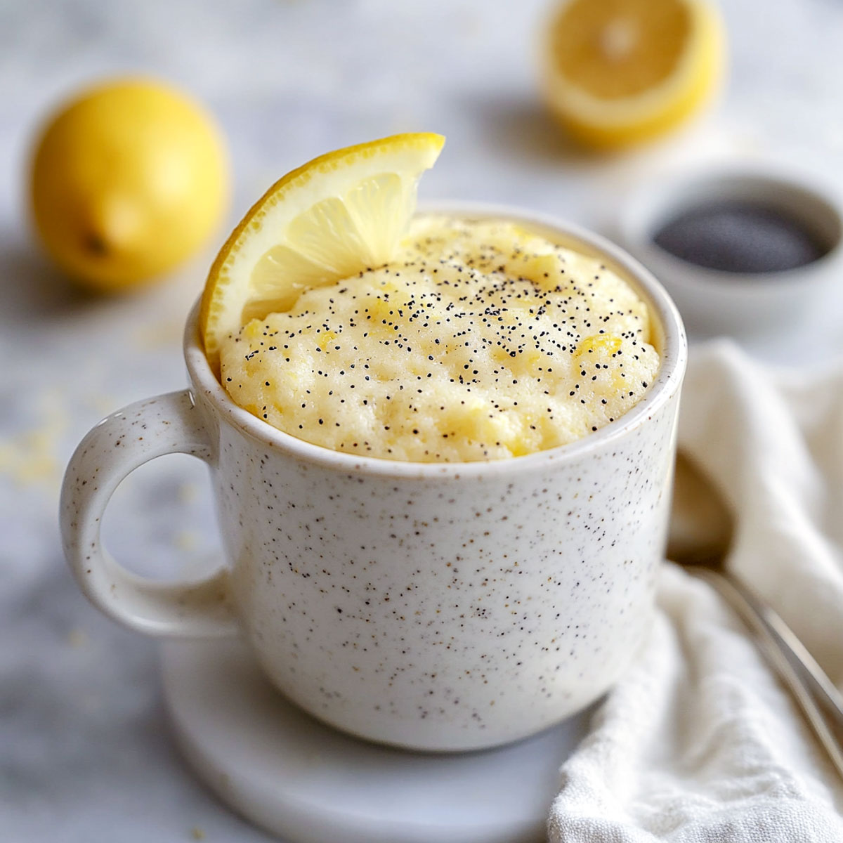 Lemon poppy seed mug cake with lemon slice in speckled mug on marble.