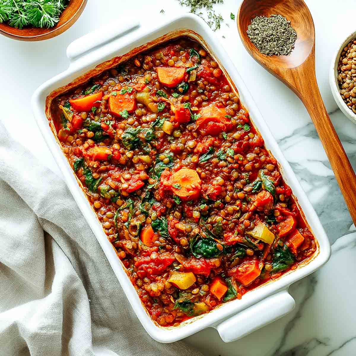 Baked lentil and vegetable casserole with spinach, carrots, and tomato sauce.