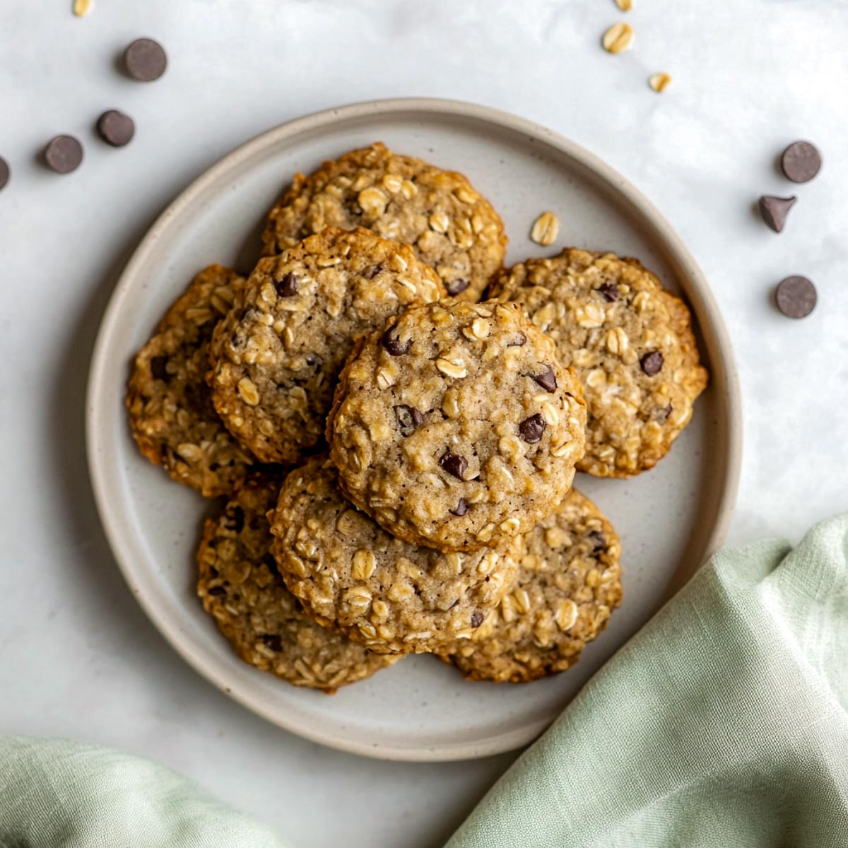 Soft banana oat cookies with mini chocolate chips on grey plate.