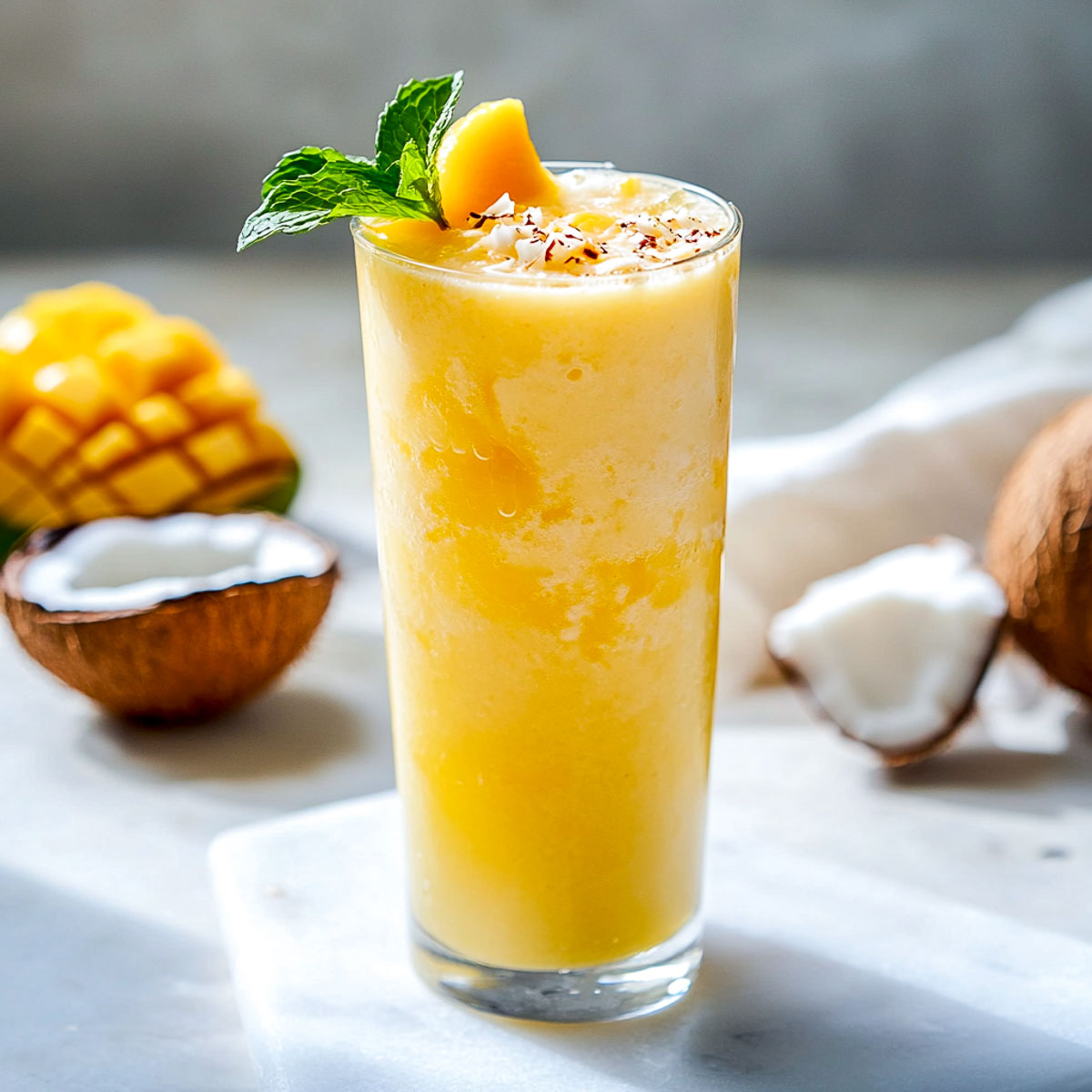 A tall glass of mango coconut sparkle on a marble surface.
