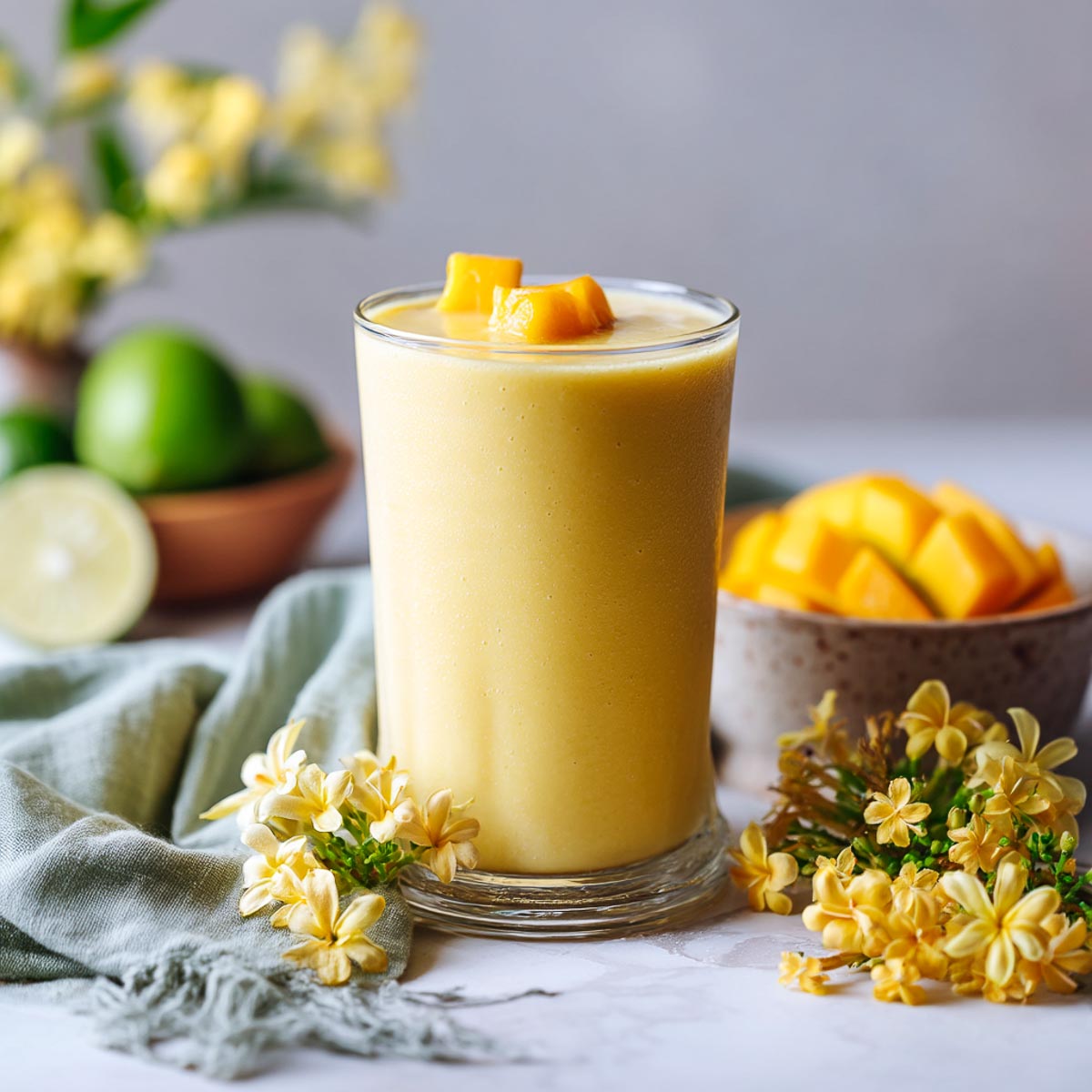 Mango pineapple dairy-free smoothie with yellow flowers and limes on marble surface.