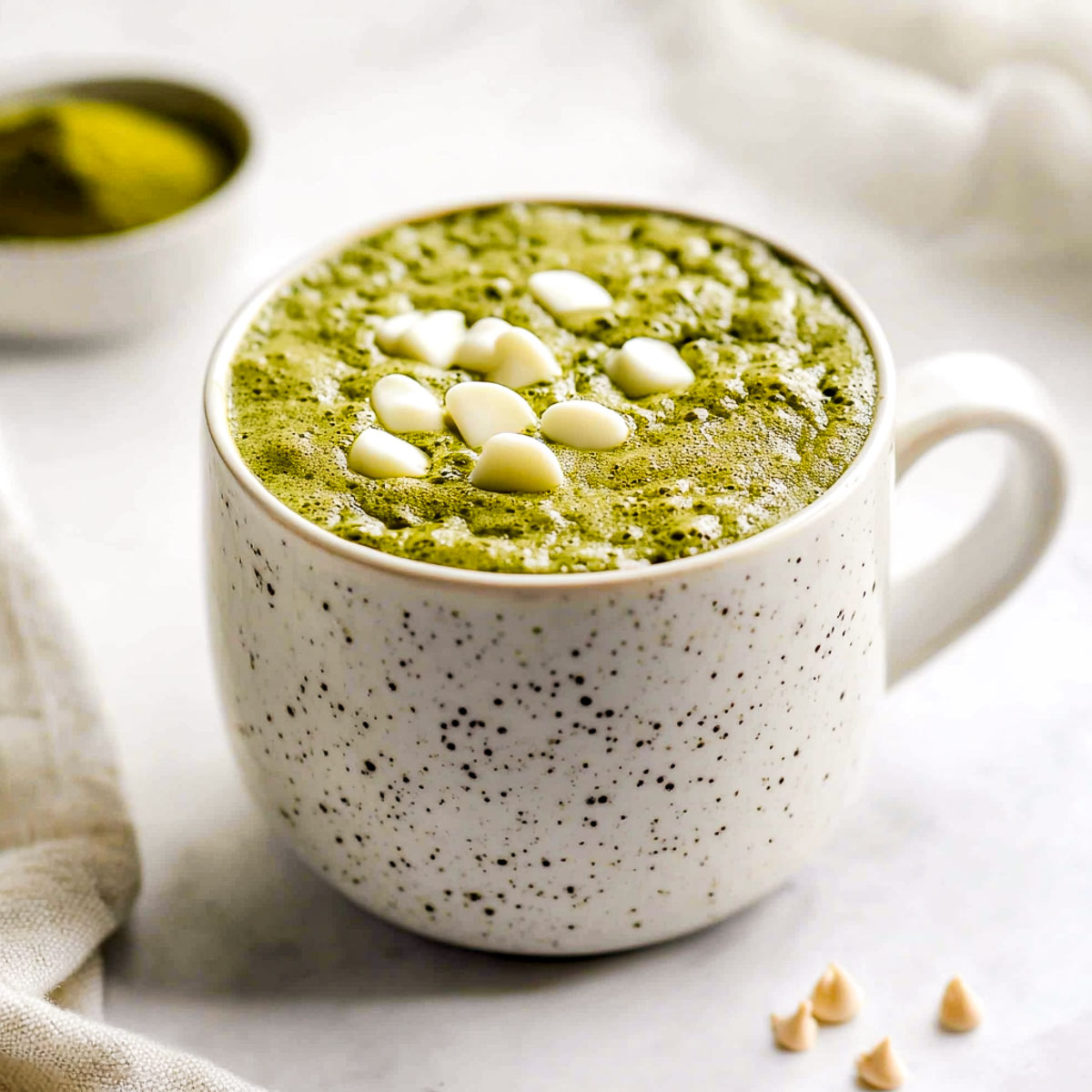 Matcha mug cake with white chocolate chips in speckled mug on marble.