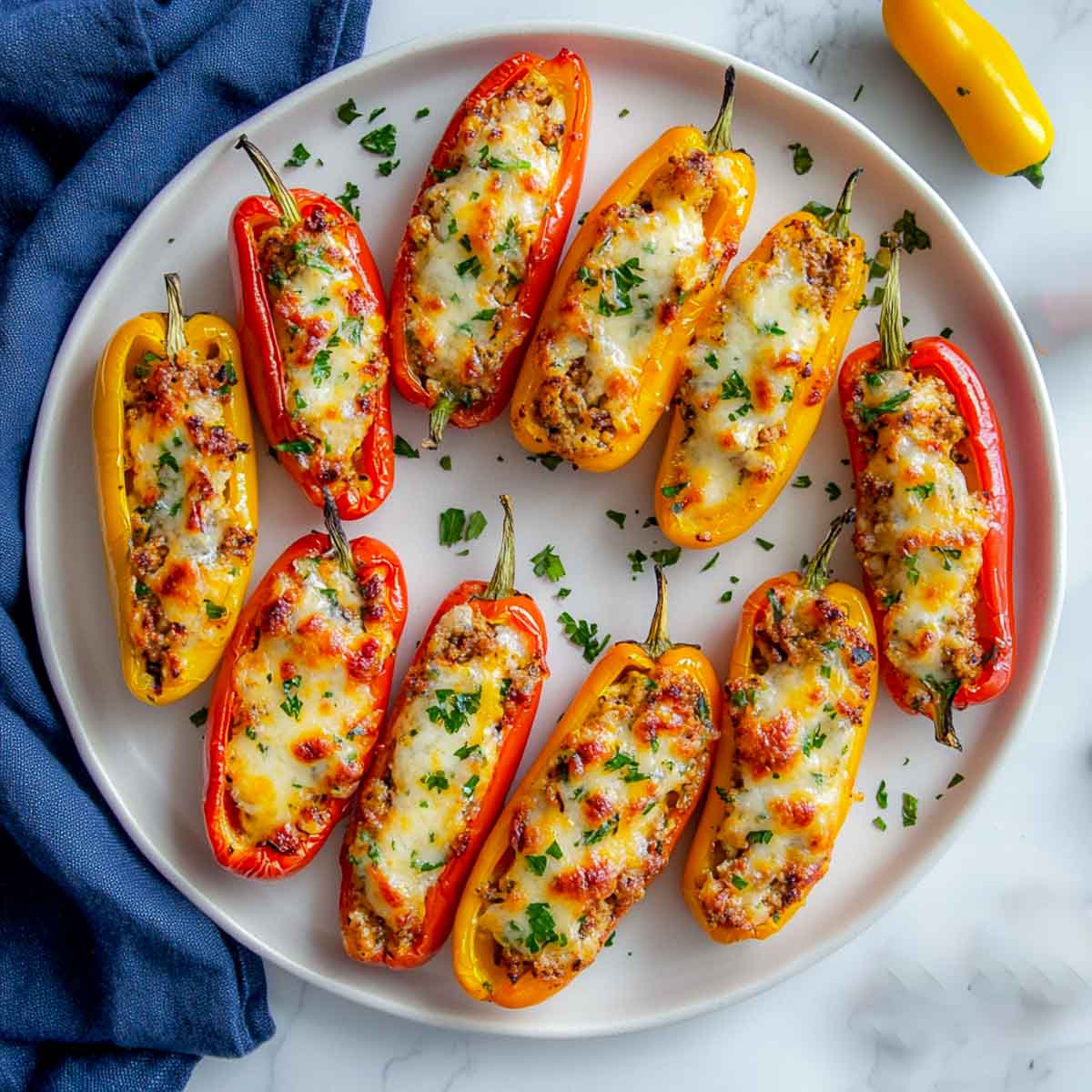 Top-down view of baked mini bell peppers stuffed with golden melted cheese on white plate.