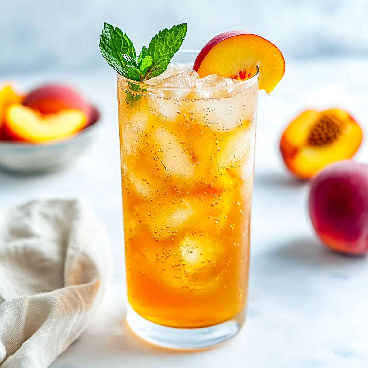 Peach iced tea mocktail with bubbles, peach slice, and mint in tall glass.