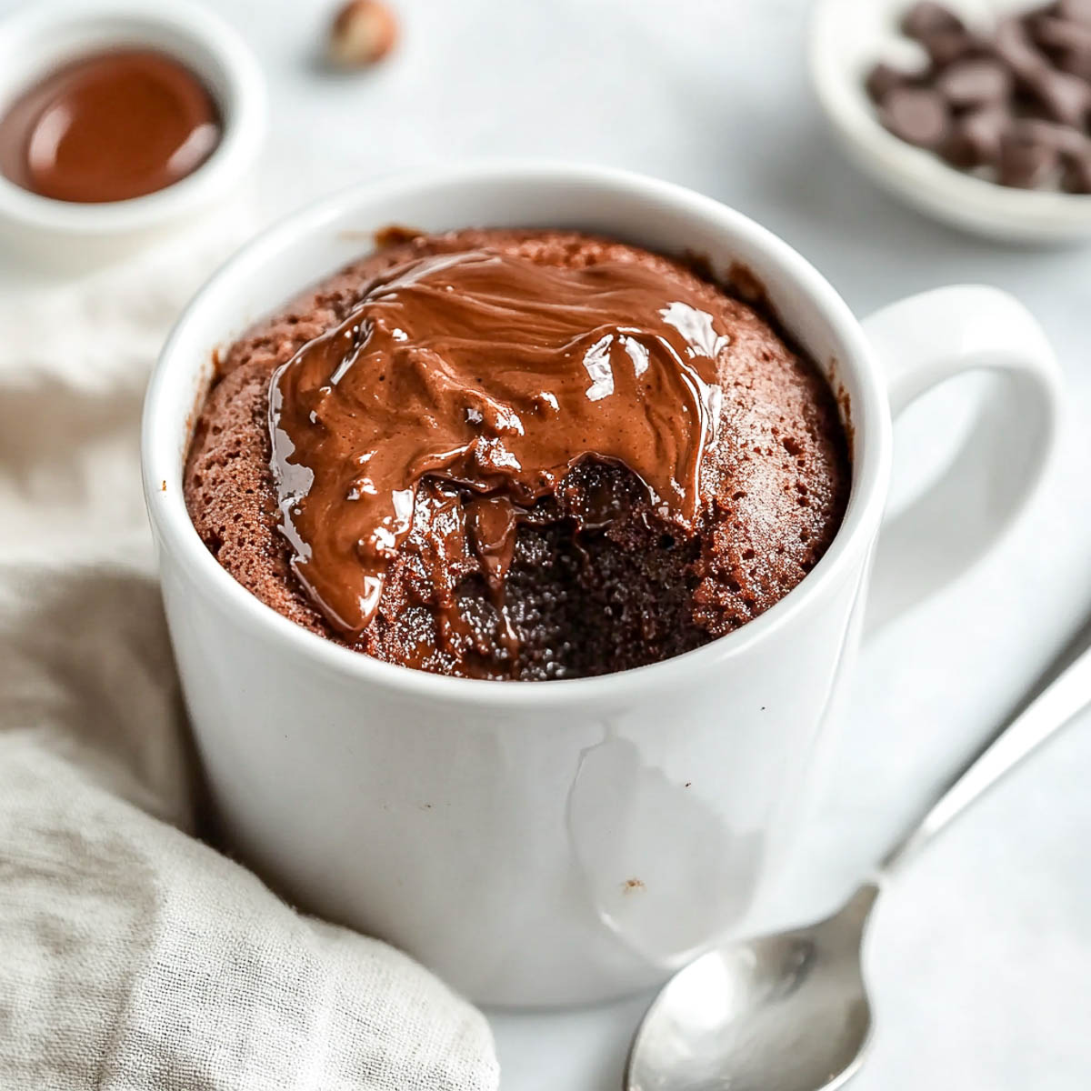 Nutella lava mug cake with gooey chocolate center in white mug on marble.