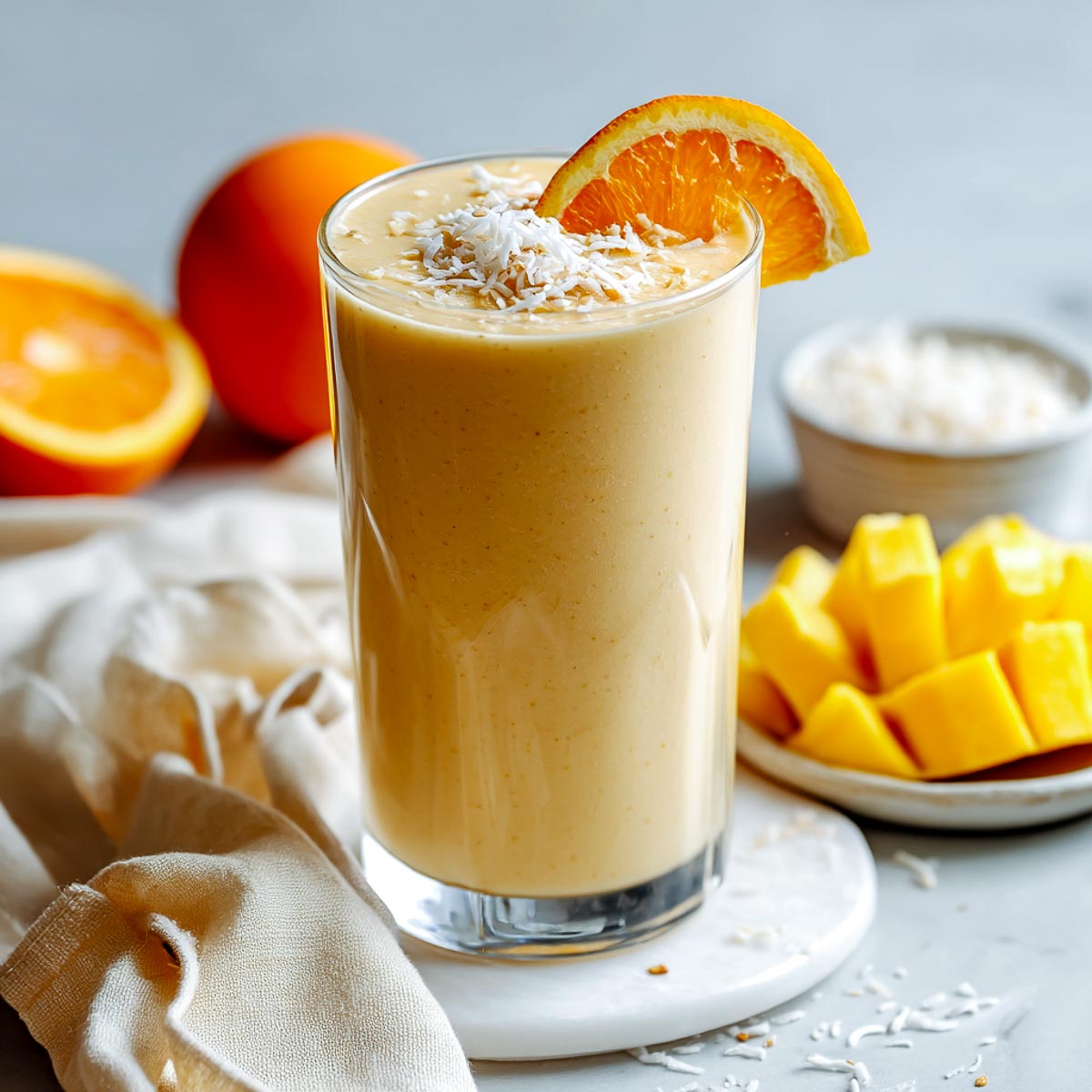 Orange coconut smoothie with tropical fruits and shredded coconut on marble surface.