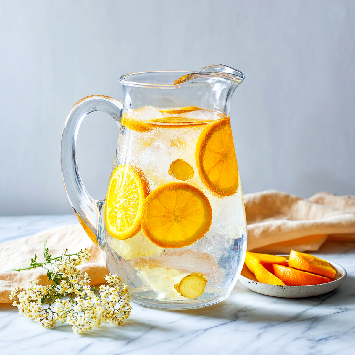 Pitcher of orange ginger infused water with ice, fresh orange slices, ginger, and a soft peach napkin on a white marble counter.