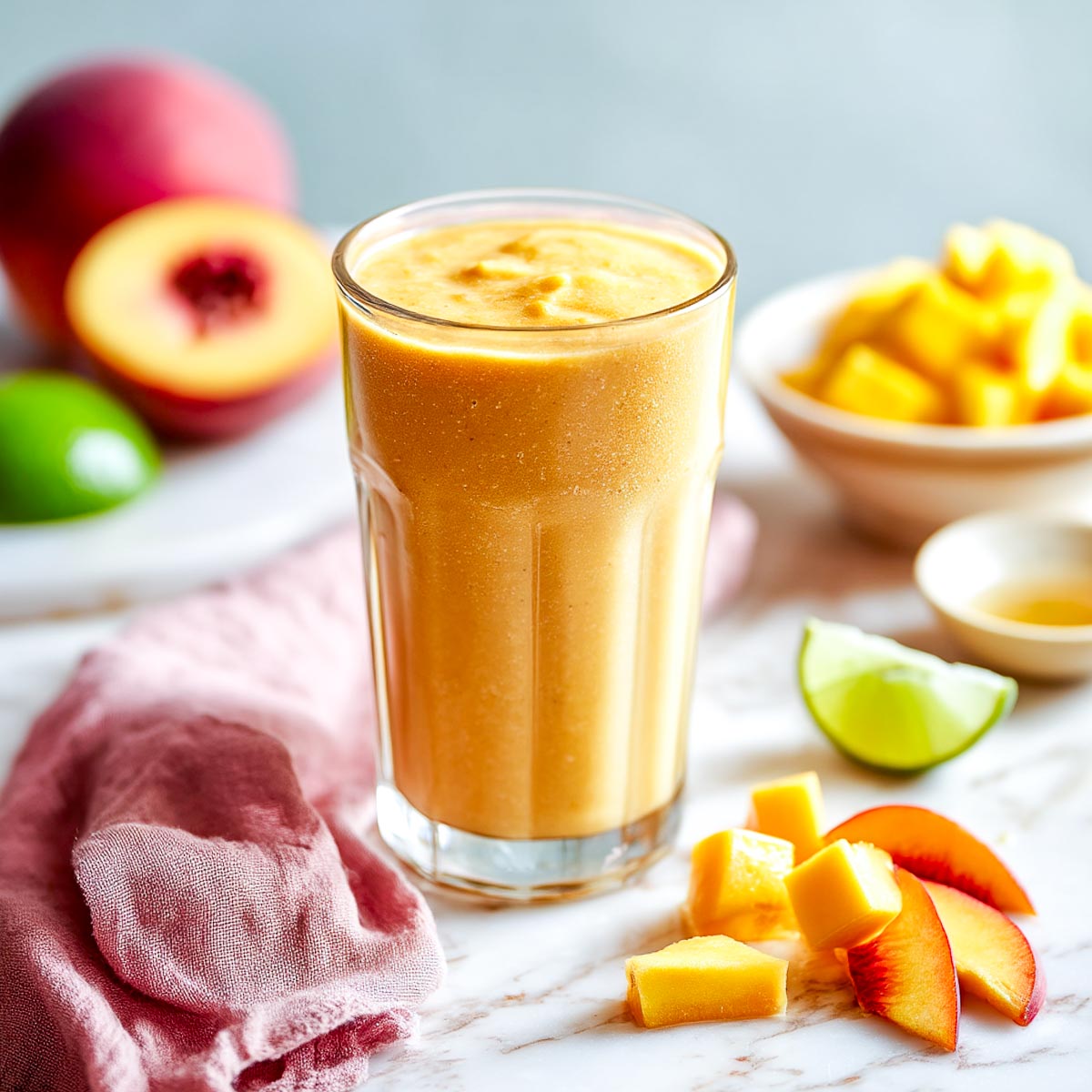 Peach mango dairy-free smoothie with lime wedge and fruit slices on marble surface.