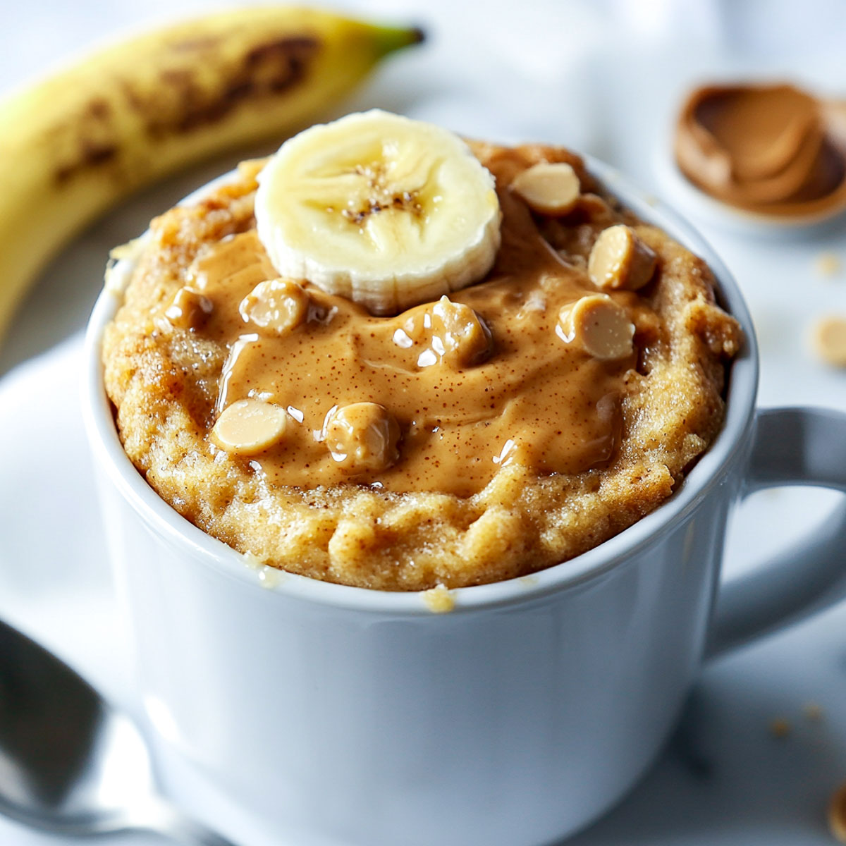 Peanut butter banana mug cake topped with banana slice and topping of PB.