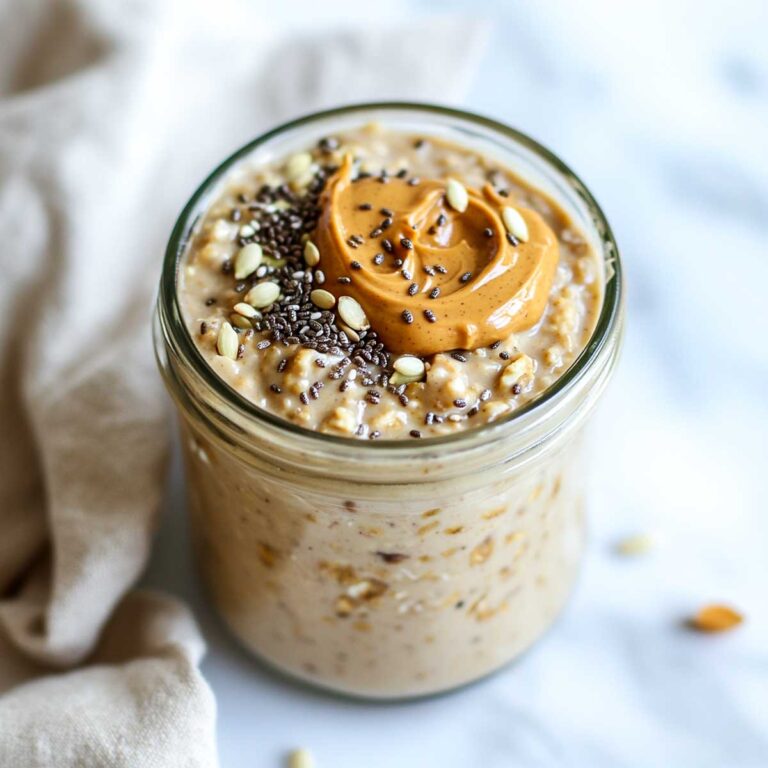 A jar of peanut butter oatmeal topped with chia seeds.