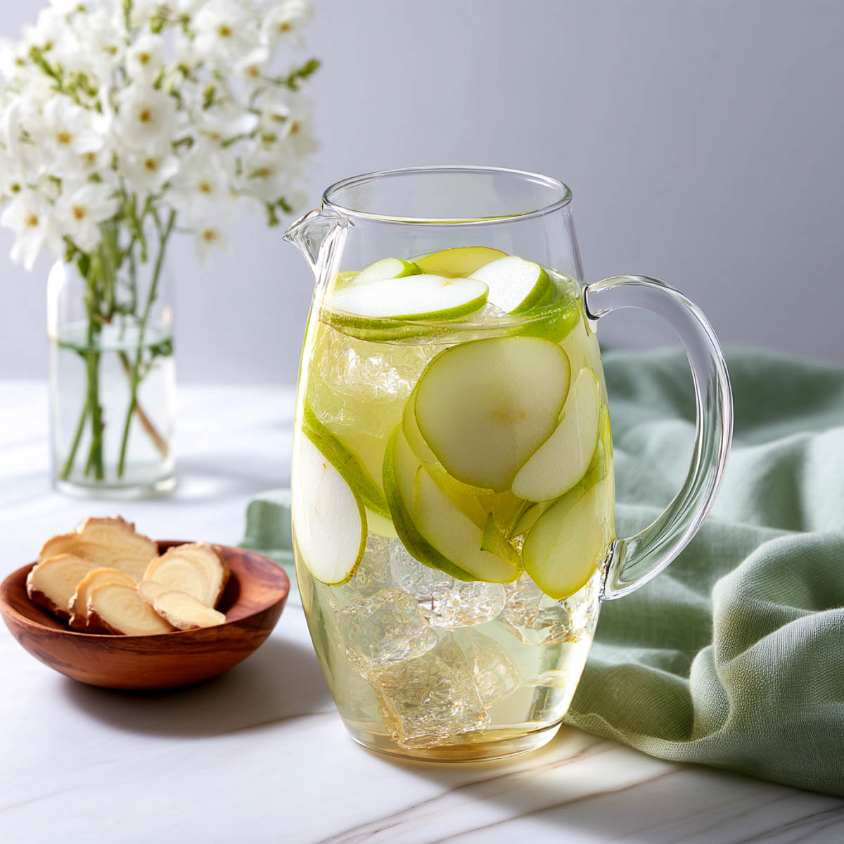 Pitcher of pear ginger water with thin pear slices, peeled ginger, soft green napkin, and white flower vase on white marble background.