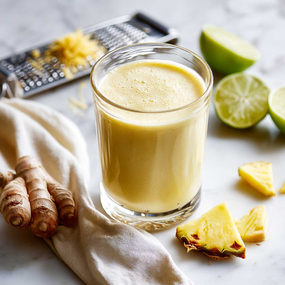 Pineapple ginger smoothie with lime, fresh ginger, and beige napkin.