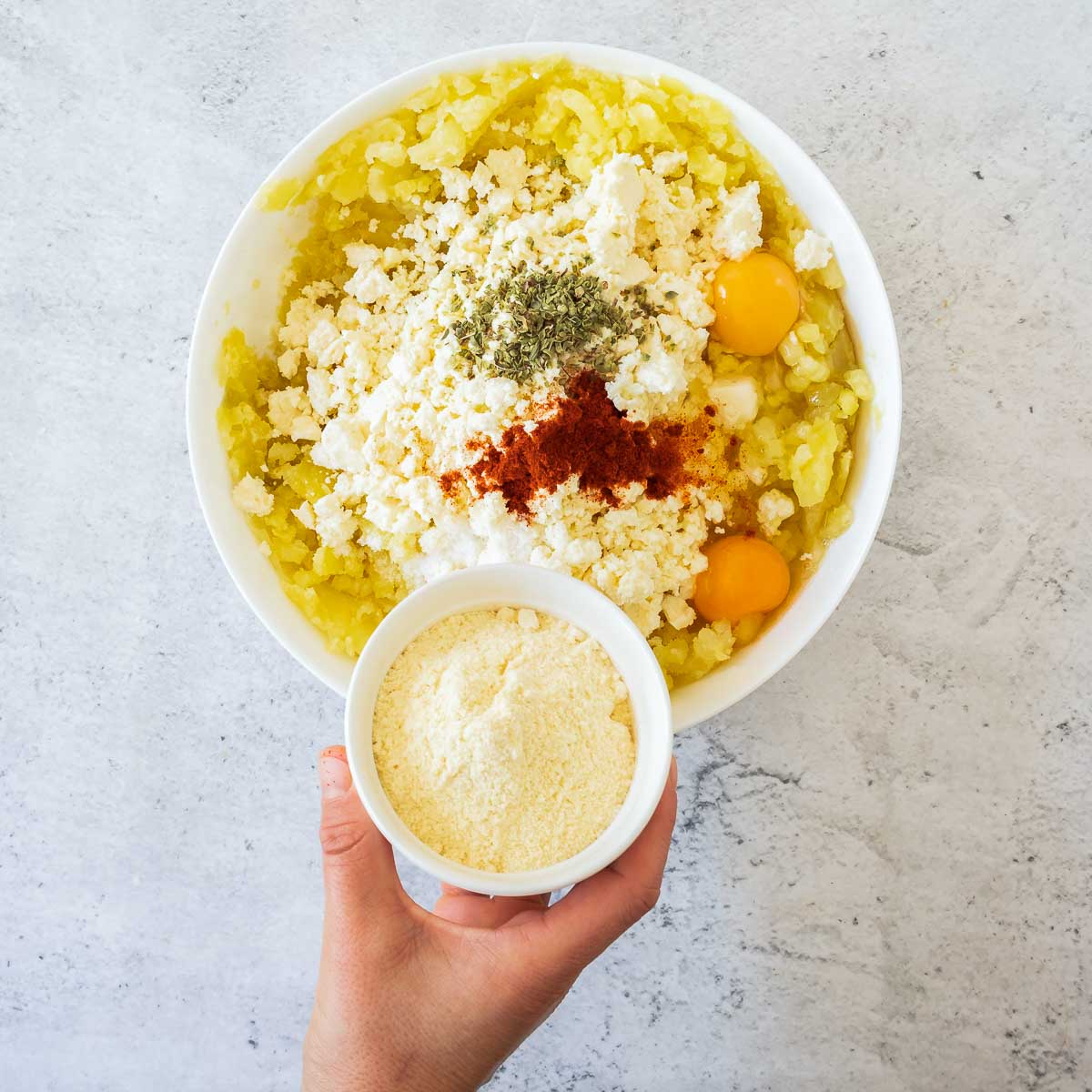 All dough ingredients in a mixing bowl.