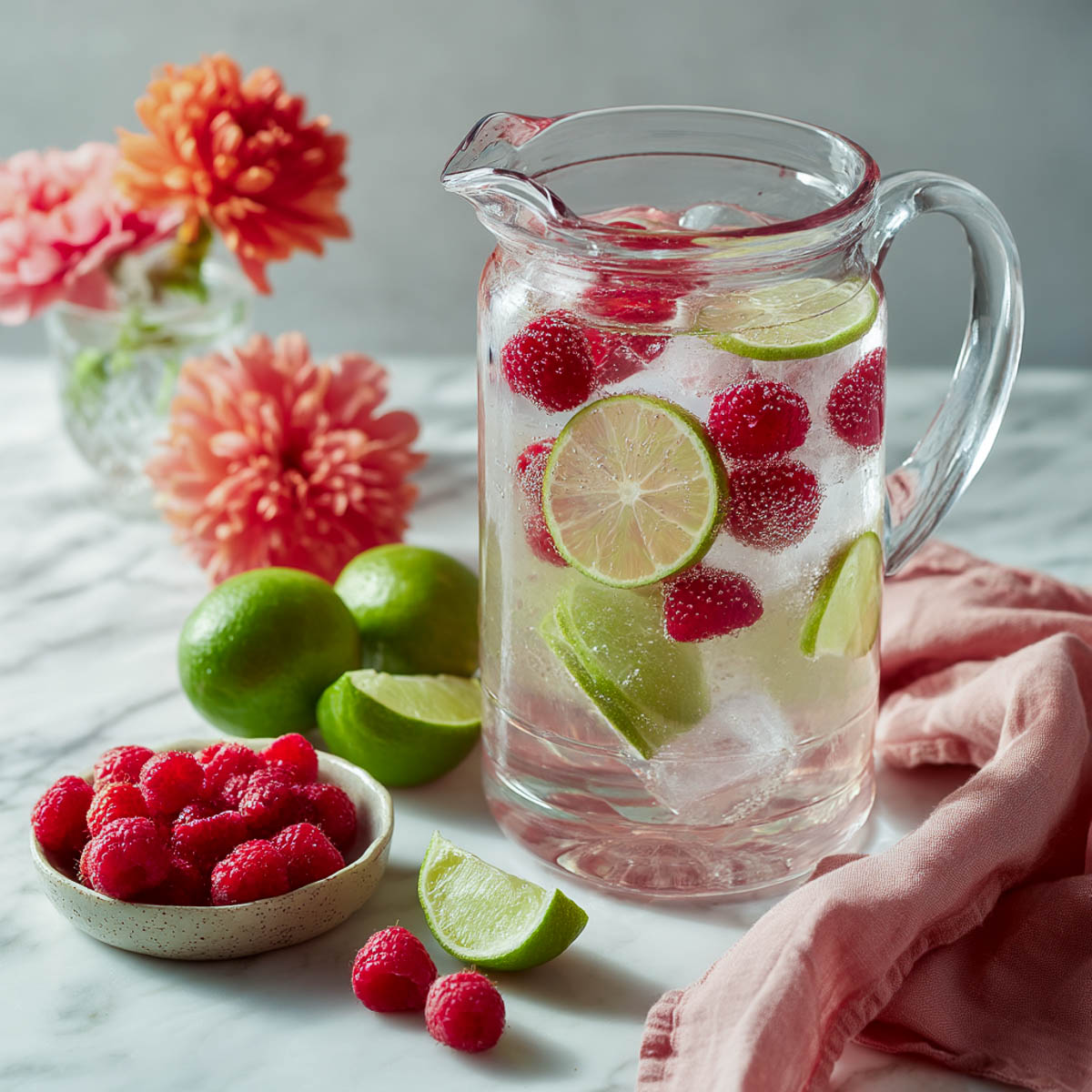Pitcher of raspberry lime infused water with pink tint, ice, limes, and soft pink flowers on a white marble counter.