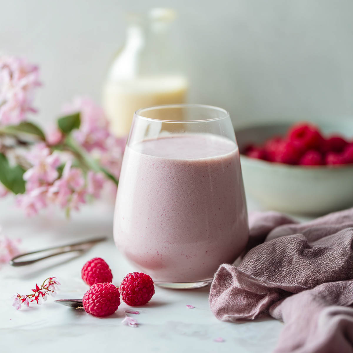 Raspberry vanilla dairy-free smoothie with pink napkin, flowers, and berries on marble.
