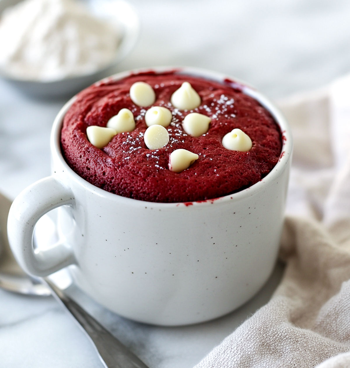 Red velvet protein mug cake with white chips and spoon for digging in.