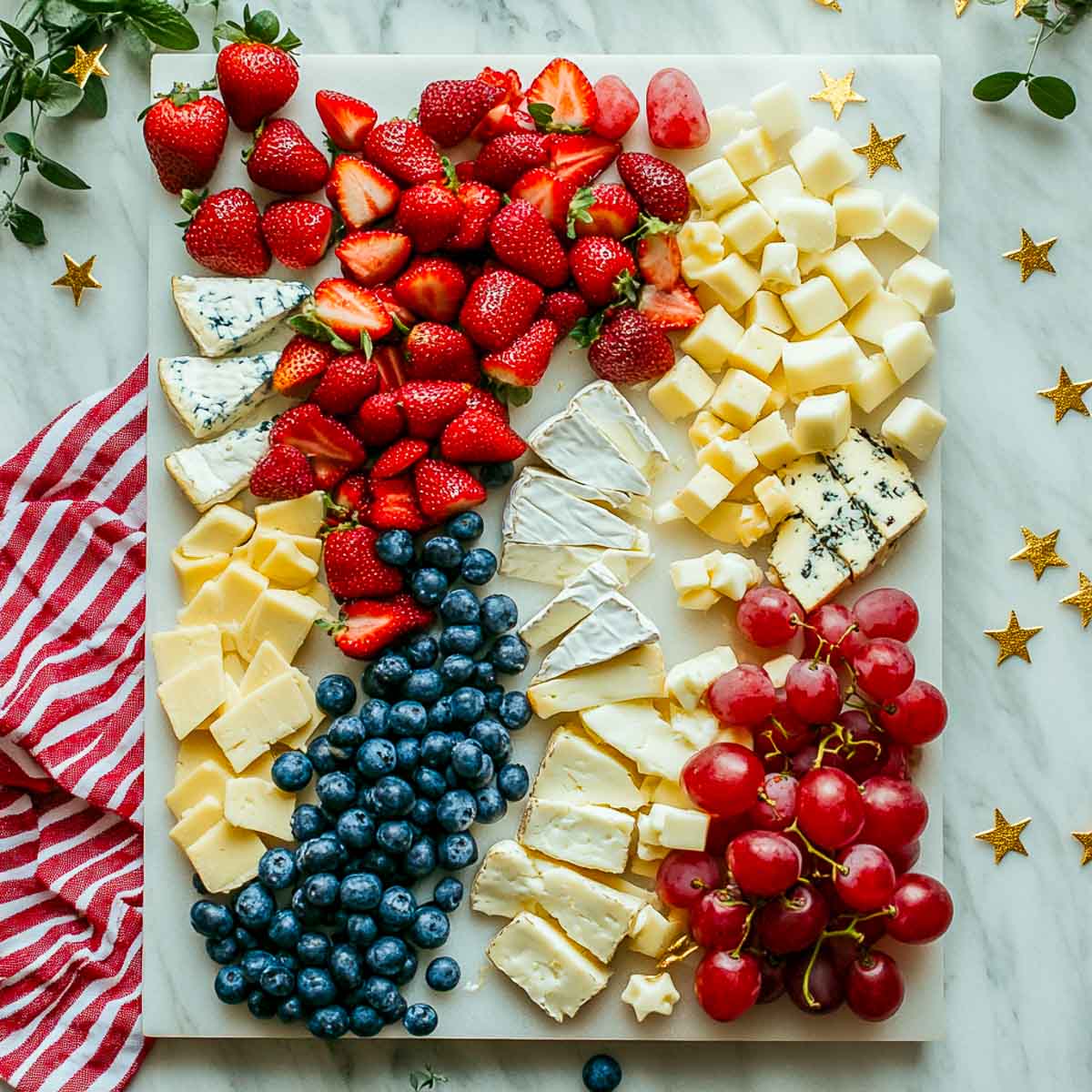 Red, white, and blue cheese board.