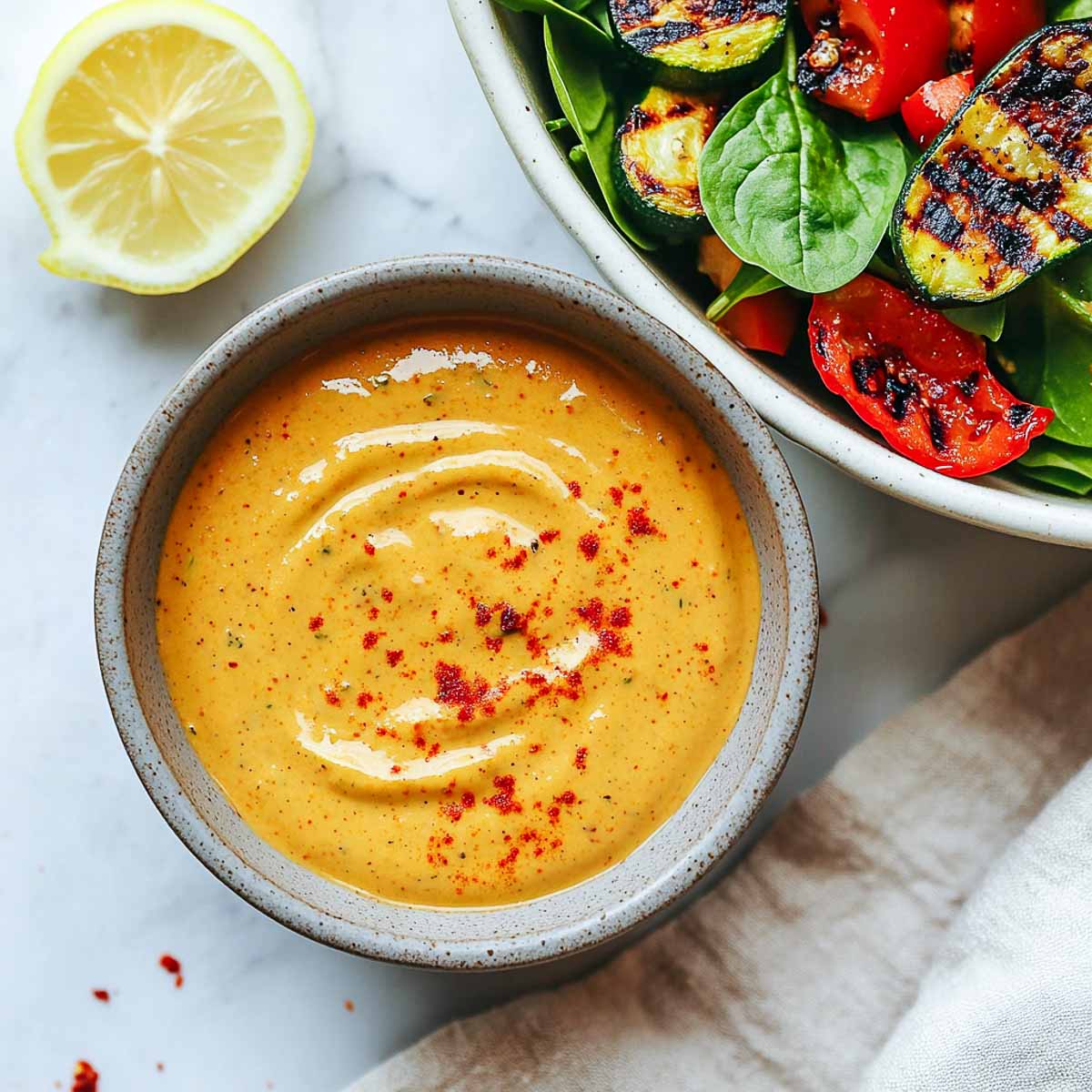 Smoky paprika Greek yogurt dressing with grilled vegetable salad and lemon wedge.