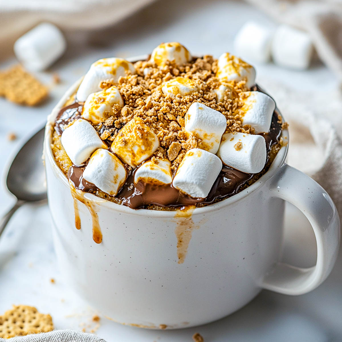 S’mores mug cake with marshmallows, chocolate, and graham crumbs in white mug.