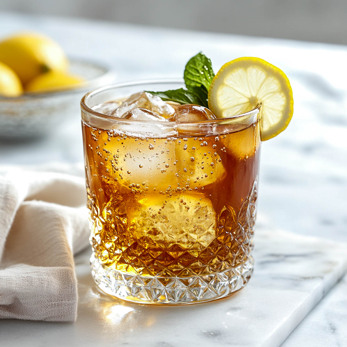 A glass of Southern sweet tea garnished with a lemon wheel.