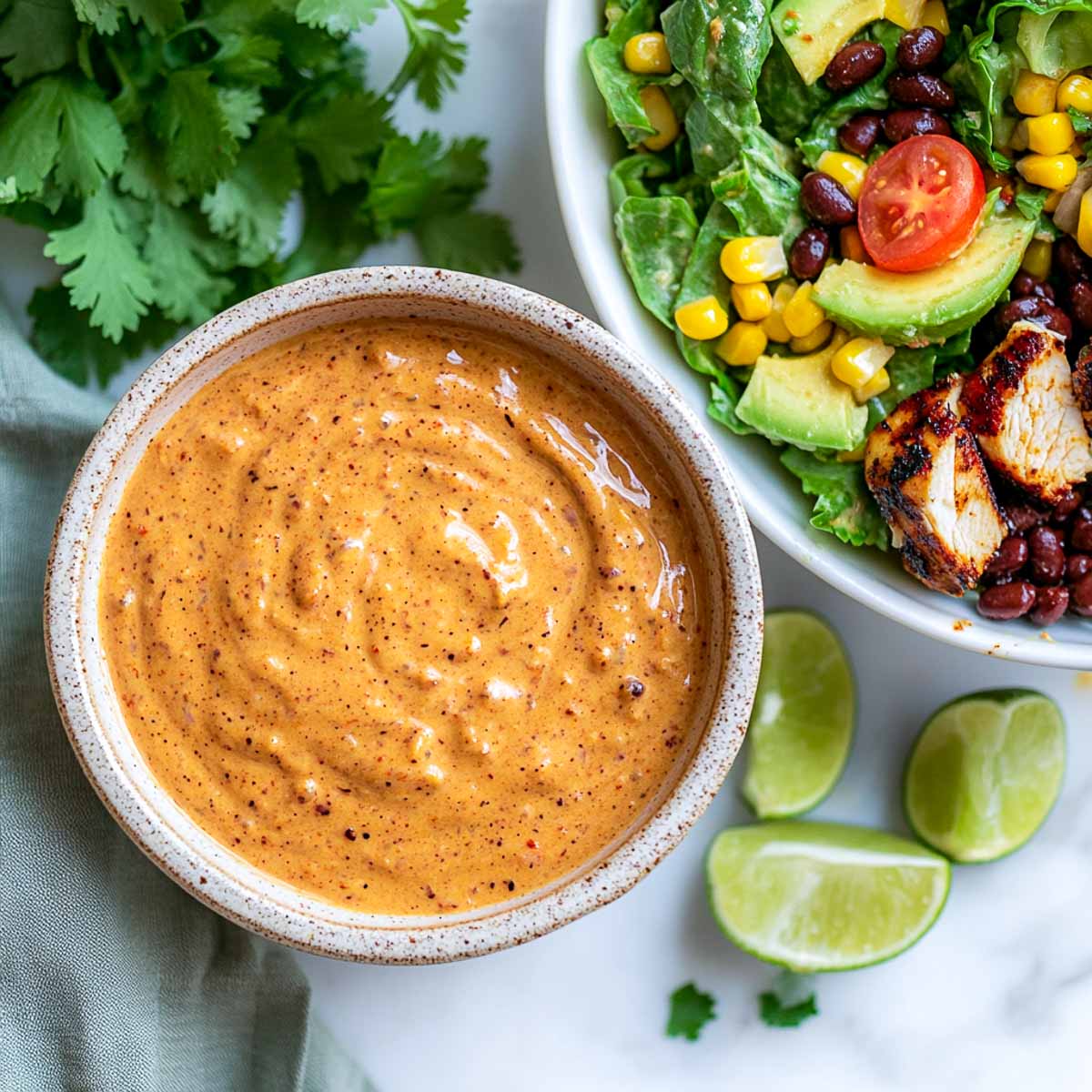 Spicy chipotle Greek yogurt dressing with Southwest chicken salad in background.