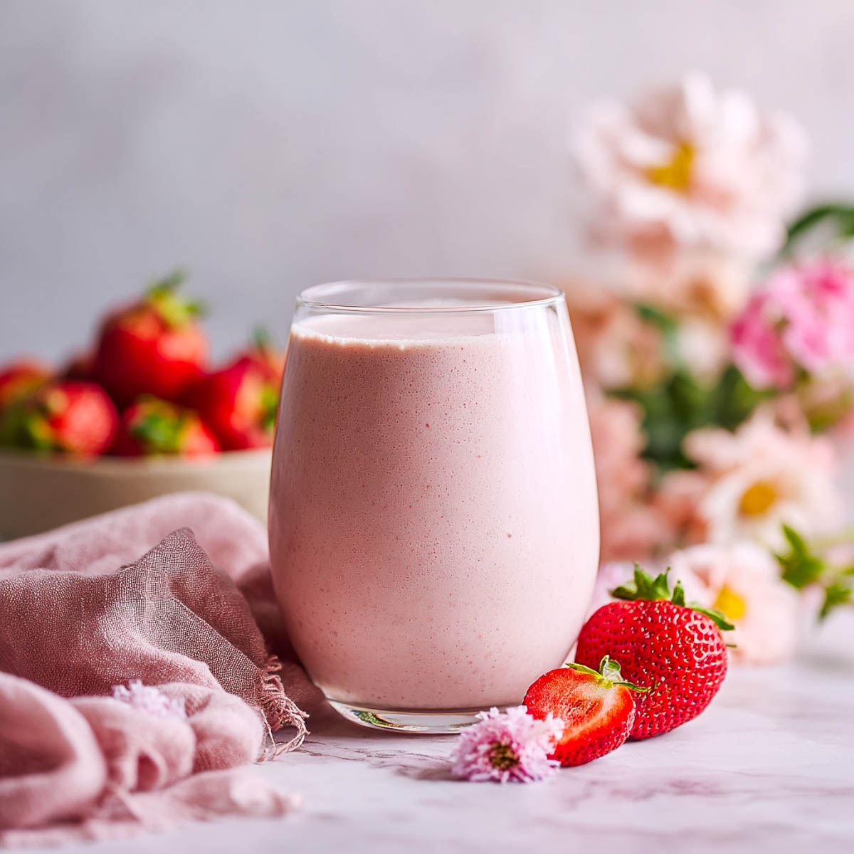 Strawberry banana smoothie topped with fresh fruit on white marble surface.
