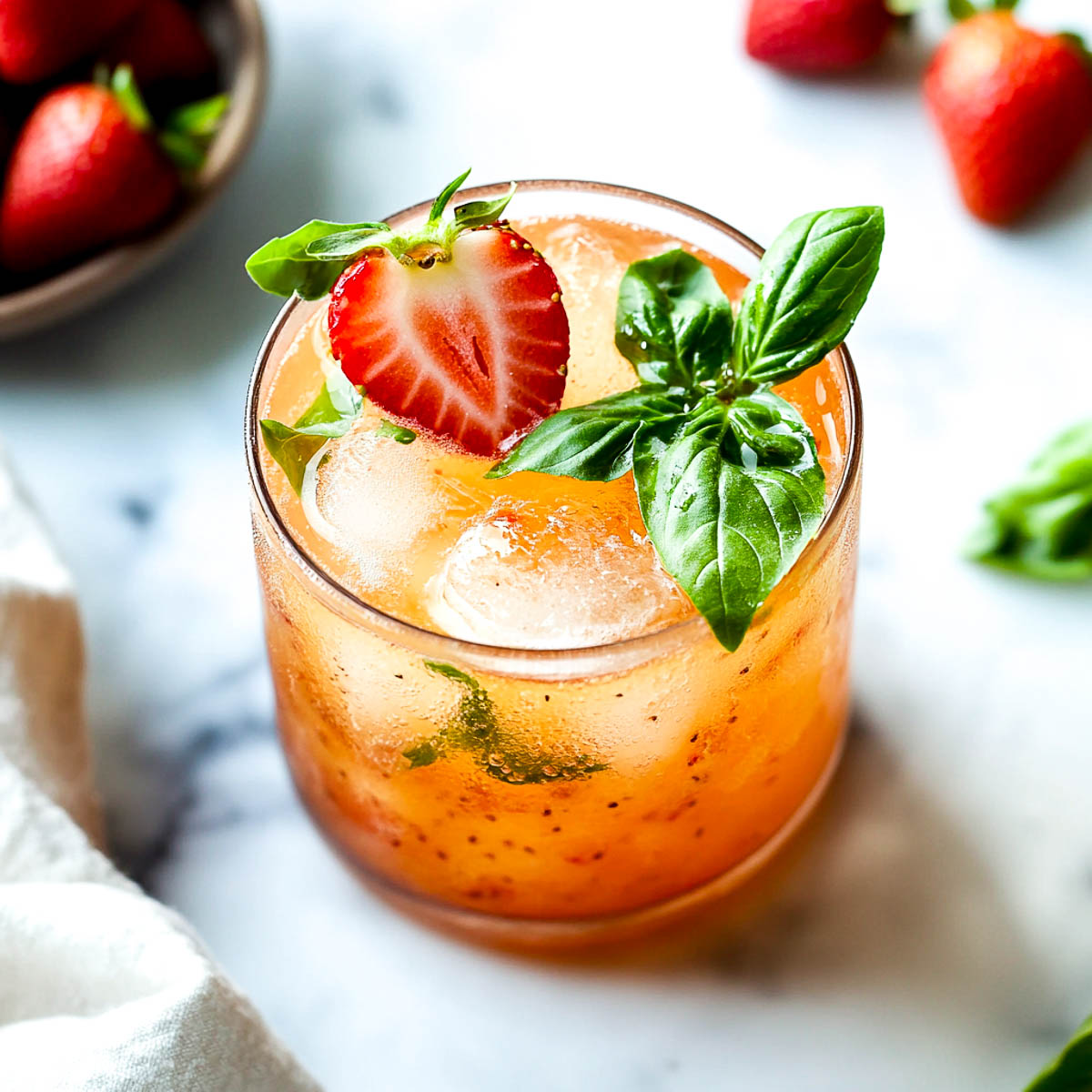 Angled view of strawberry basil lemonade.