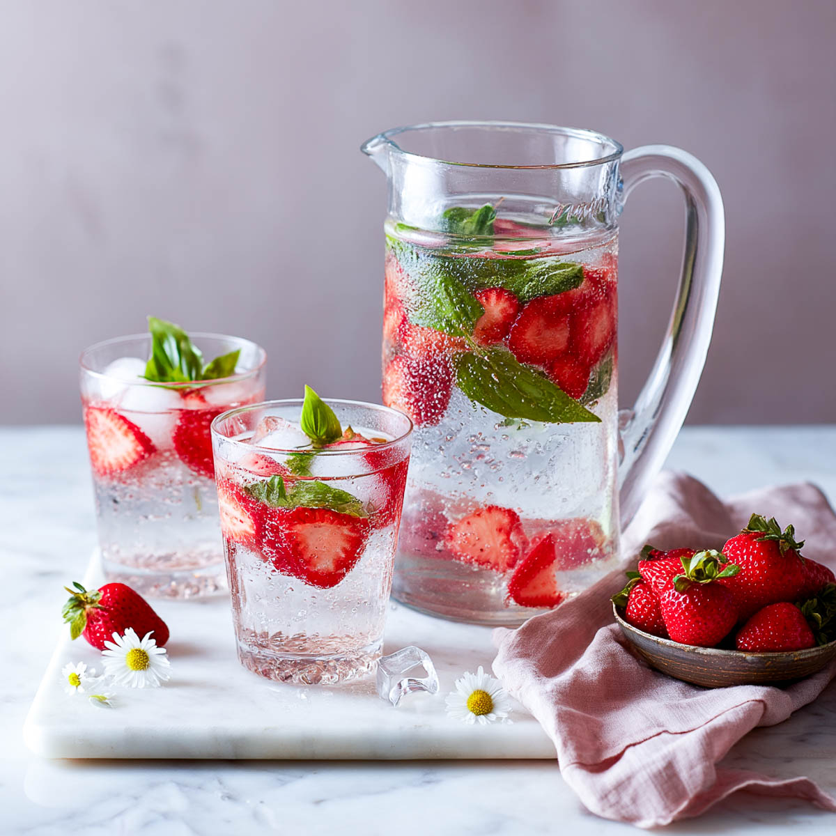Strawberry basil infused water in a clear pitcher with two glasses, ice cubes, and fresh strawberries on a white marble countertop, with a soft pink linen napkin and white daisies.